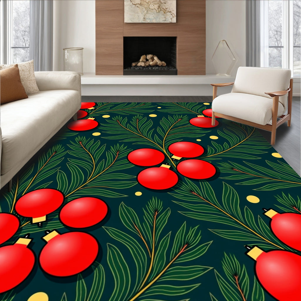 Festive Red Ornaments Green Branches Accent Rug
