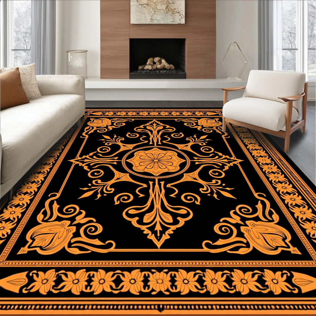 Orange Floral Medallion Black Frame Rug