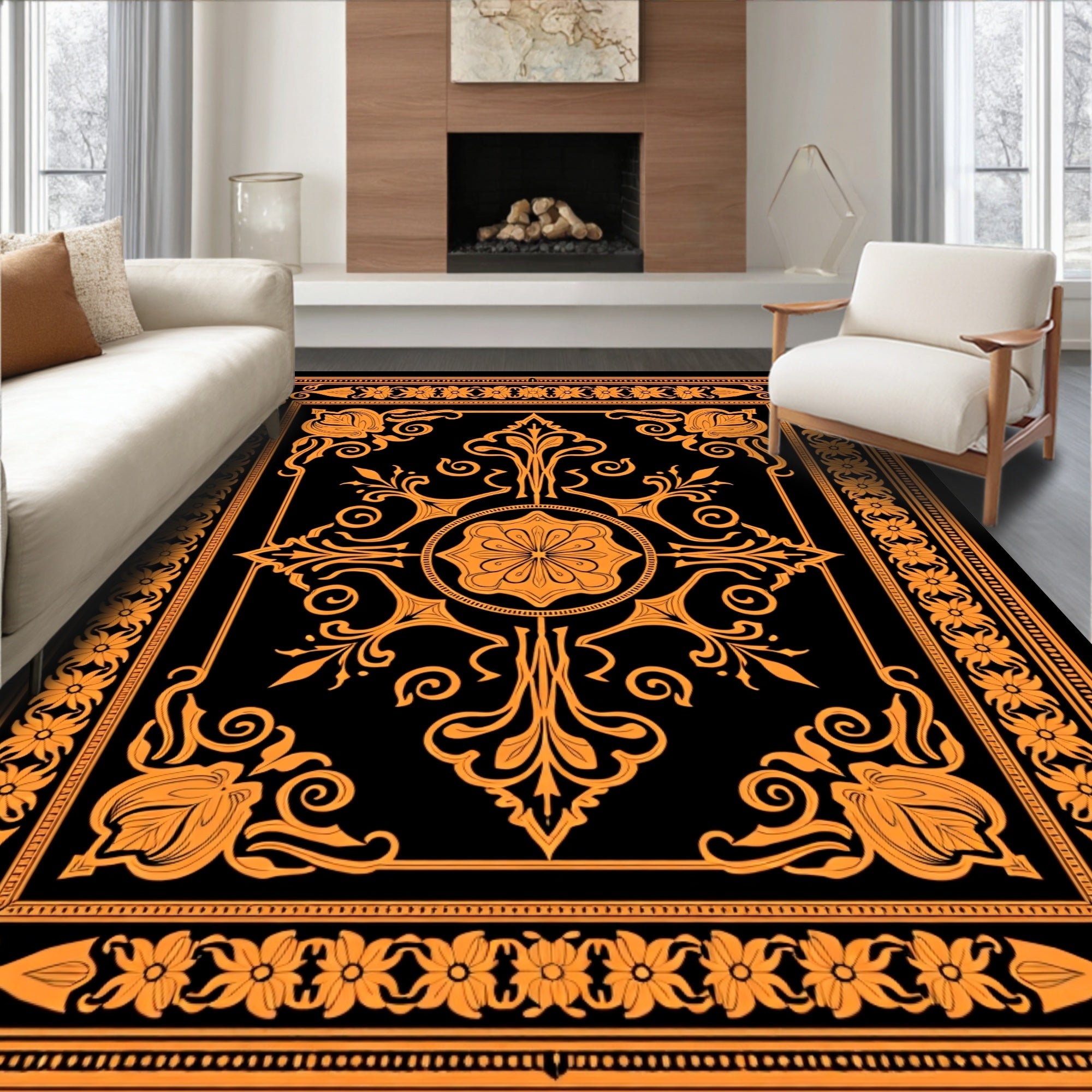 Orange Floral Medallion Black Frame Rug