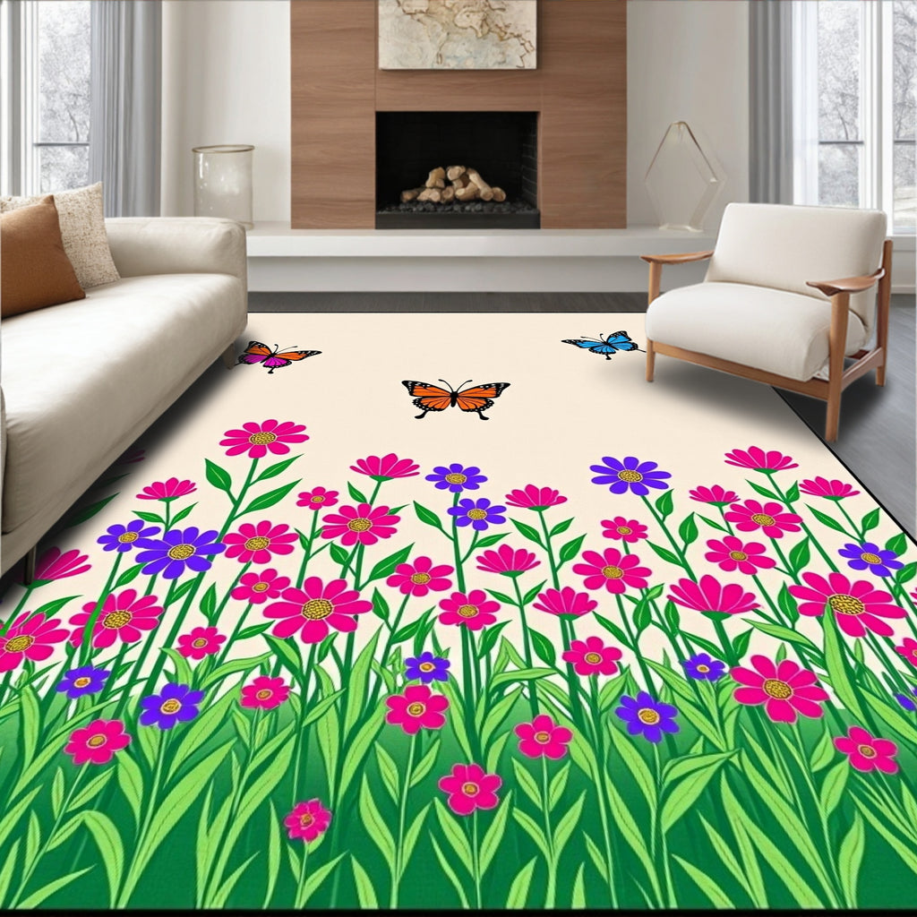 Whimsical Butterflies Amidst Floral Garden Rug