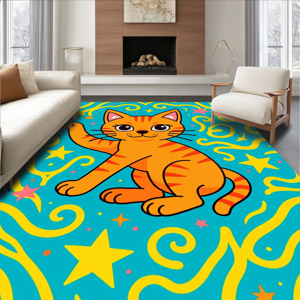 Playful Orange Cat Starry Swirl Rug