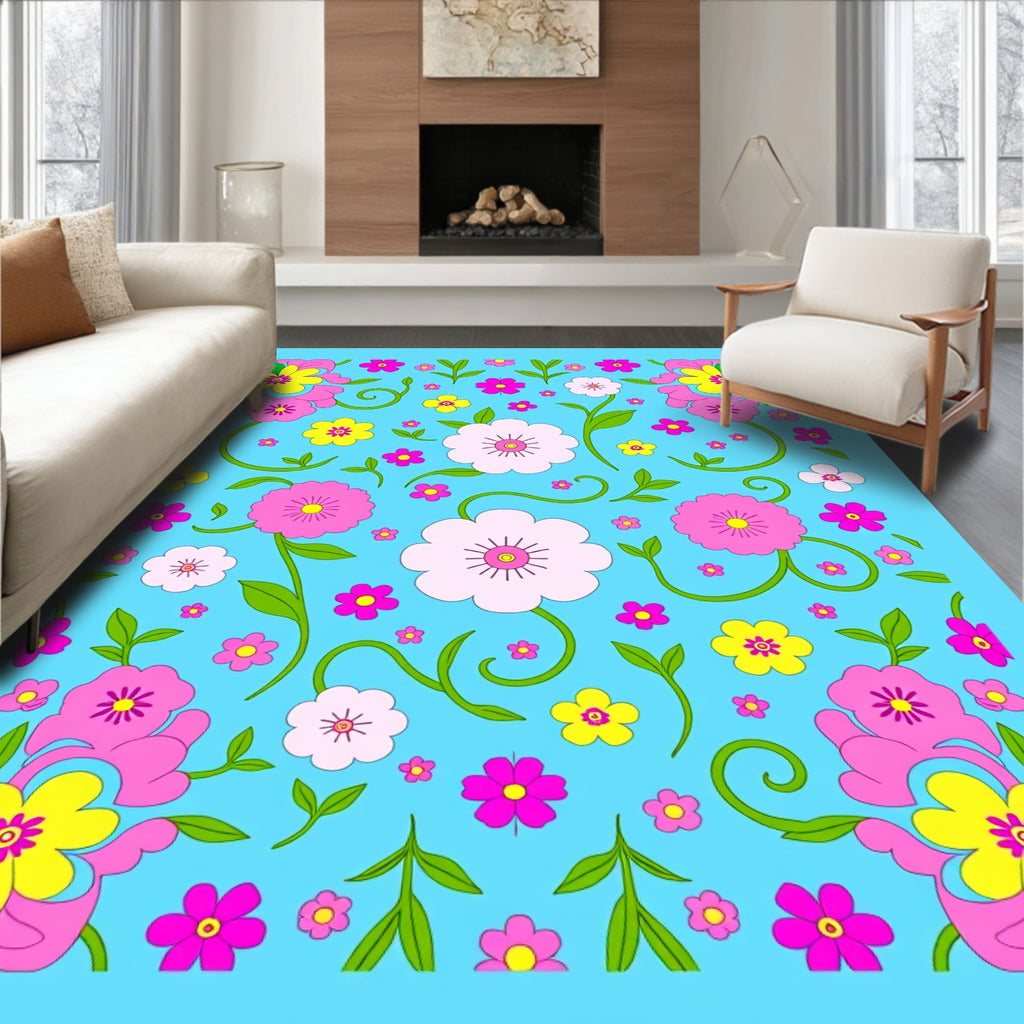 Retro Pink Yellow Floral Garden Rug