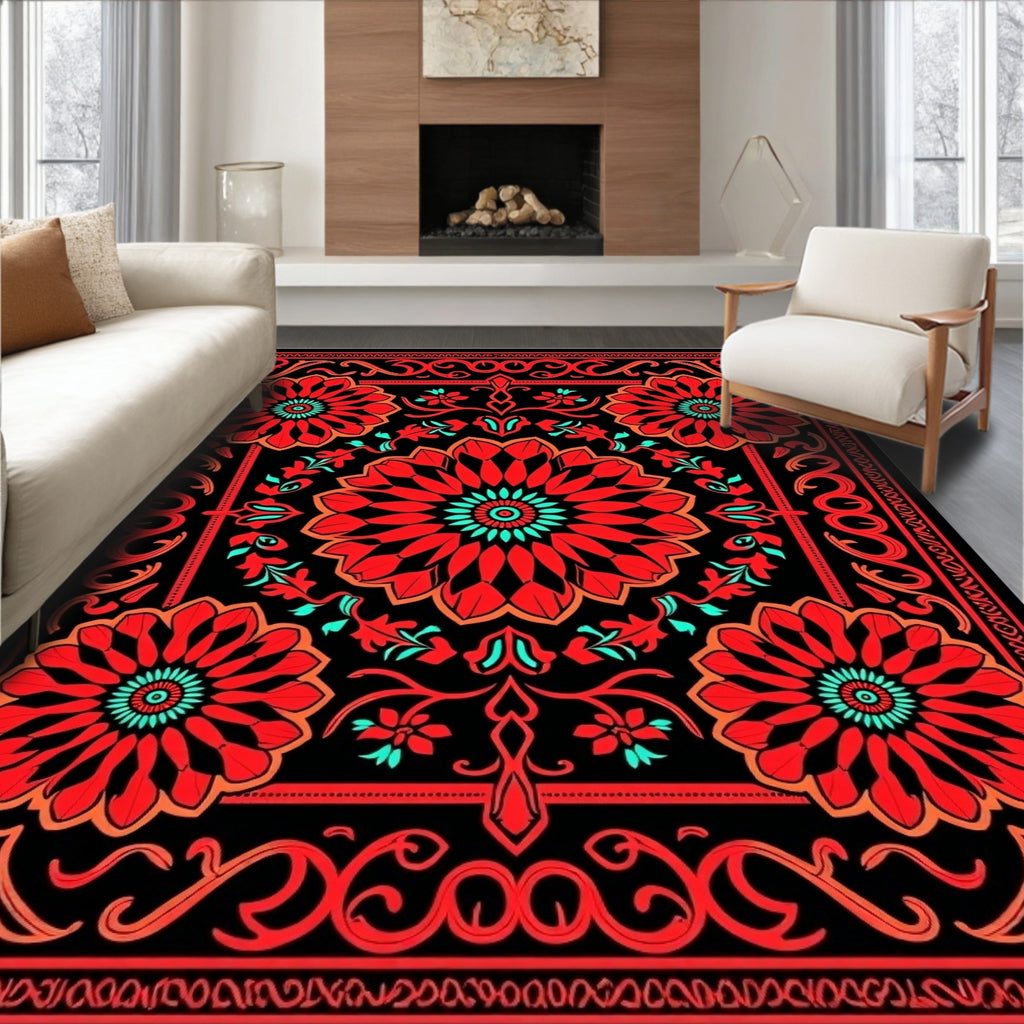 Vibrant Red Floral Medallions Black Rug