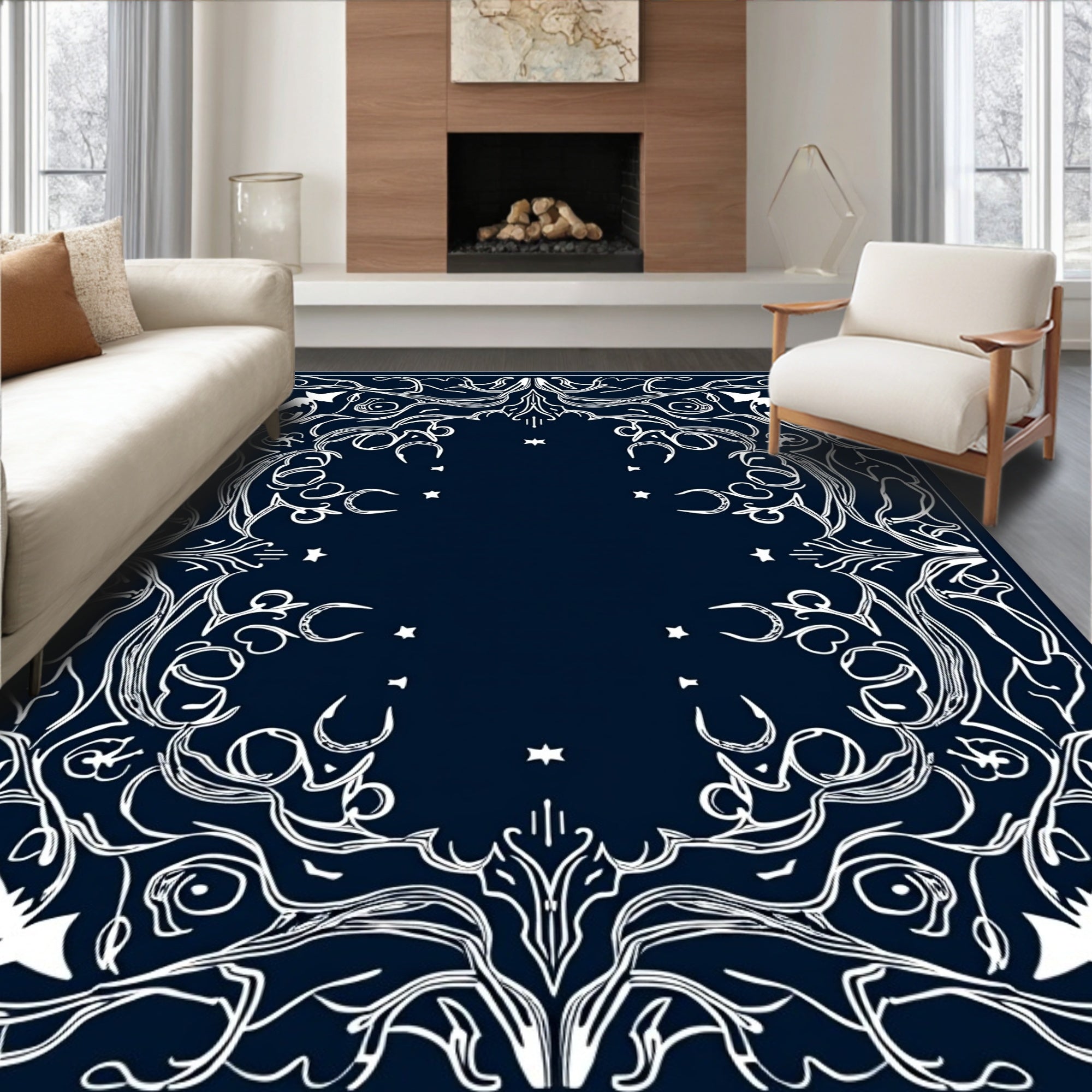 Celestial Navy White Swirls Moon Stars Rug