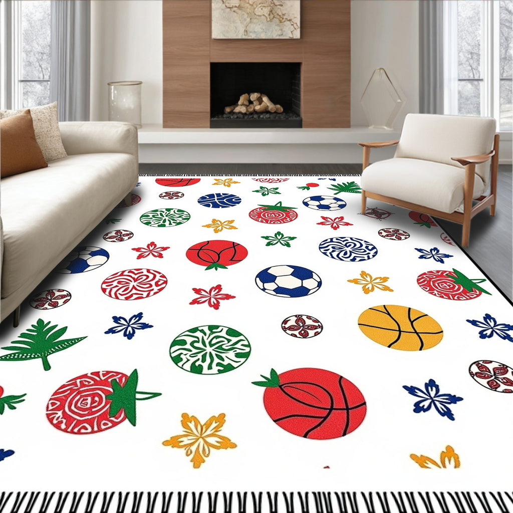 Playful Sports Balls Floral Collage Rug
