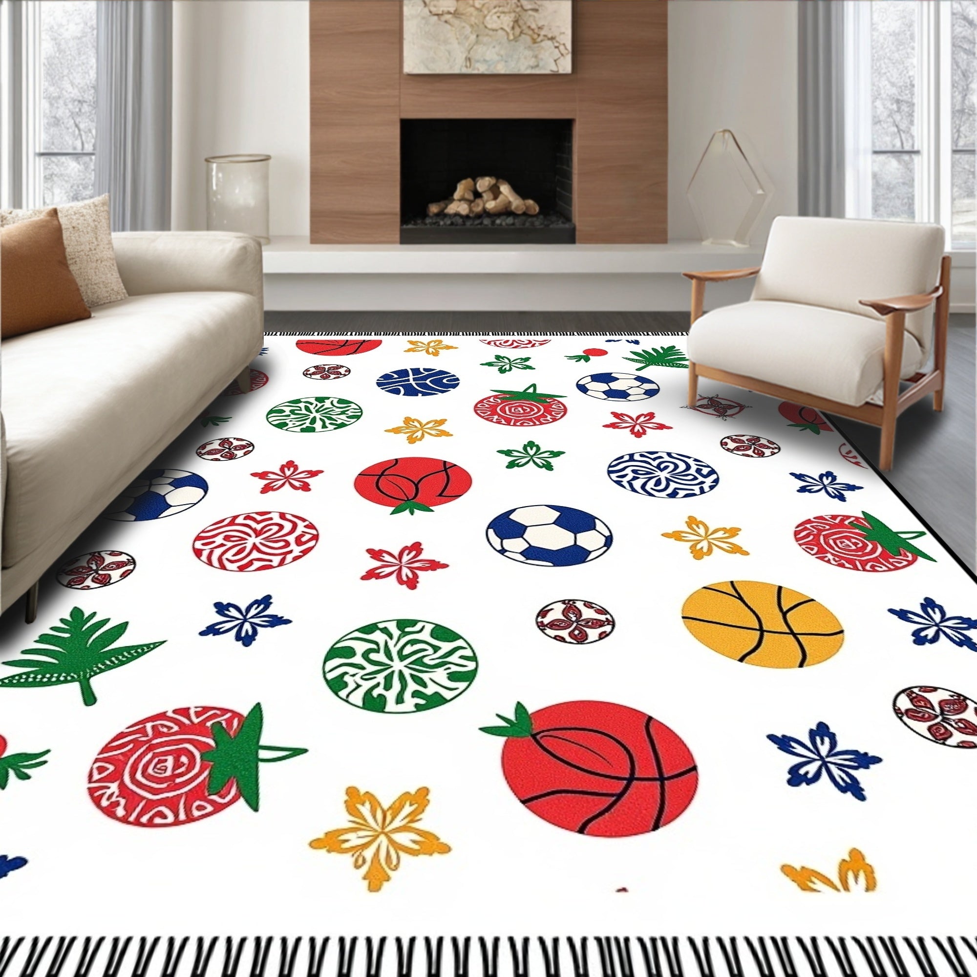 Playful Sports Balls Floral Collage Rug