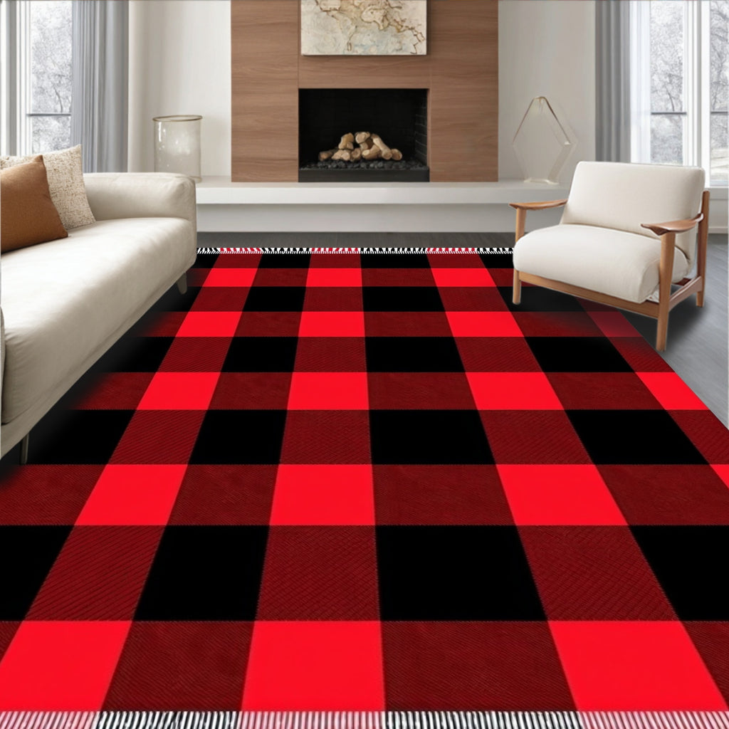 Crimson Lumberjack Squares With Fringe Rug