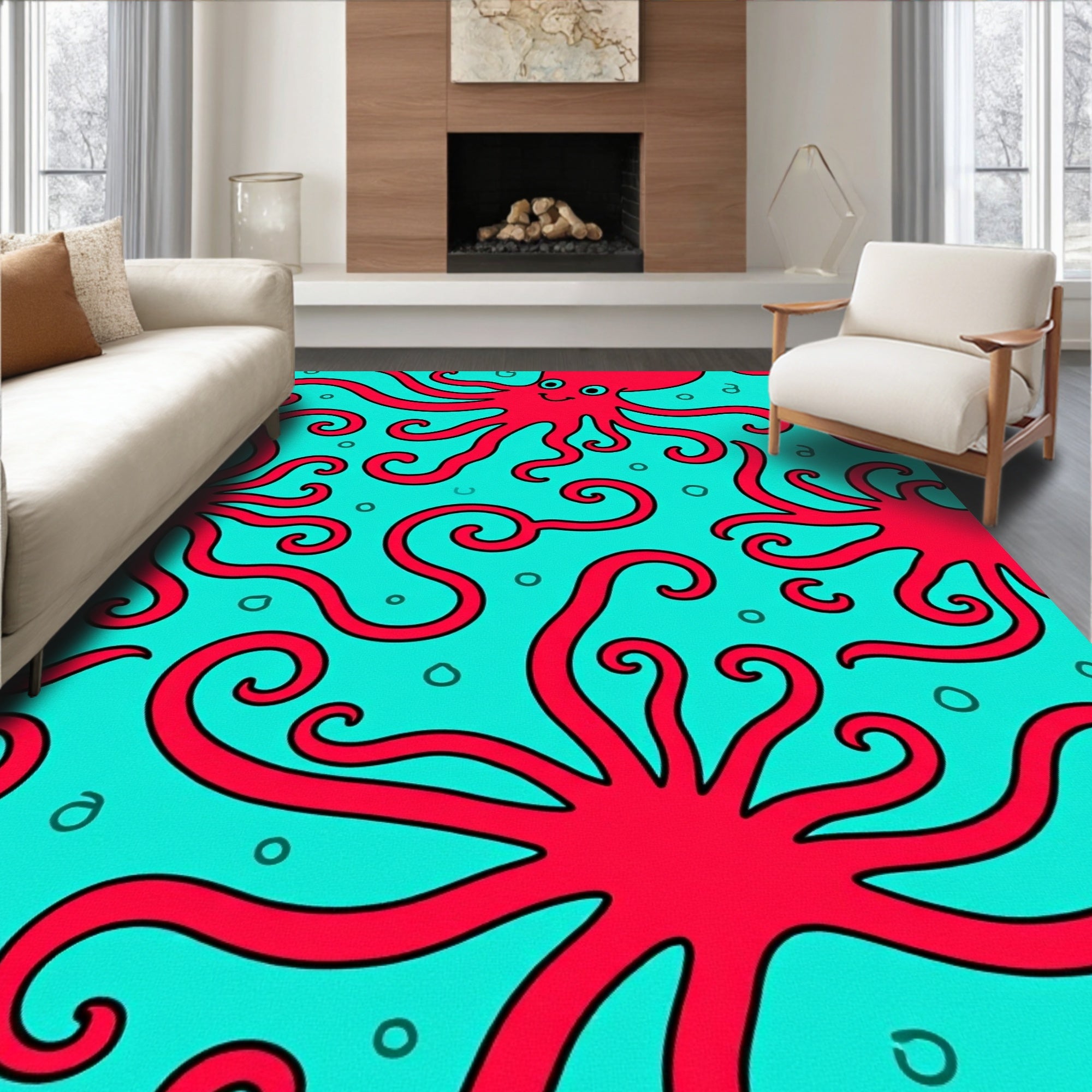 Crimson Octopus Swirl Aqua Rug