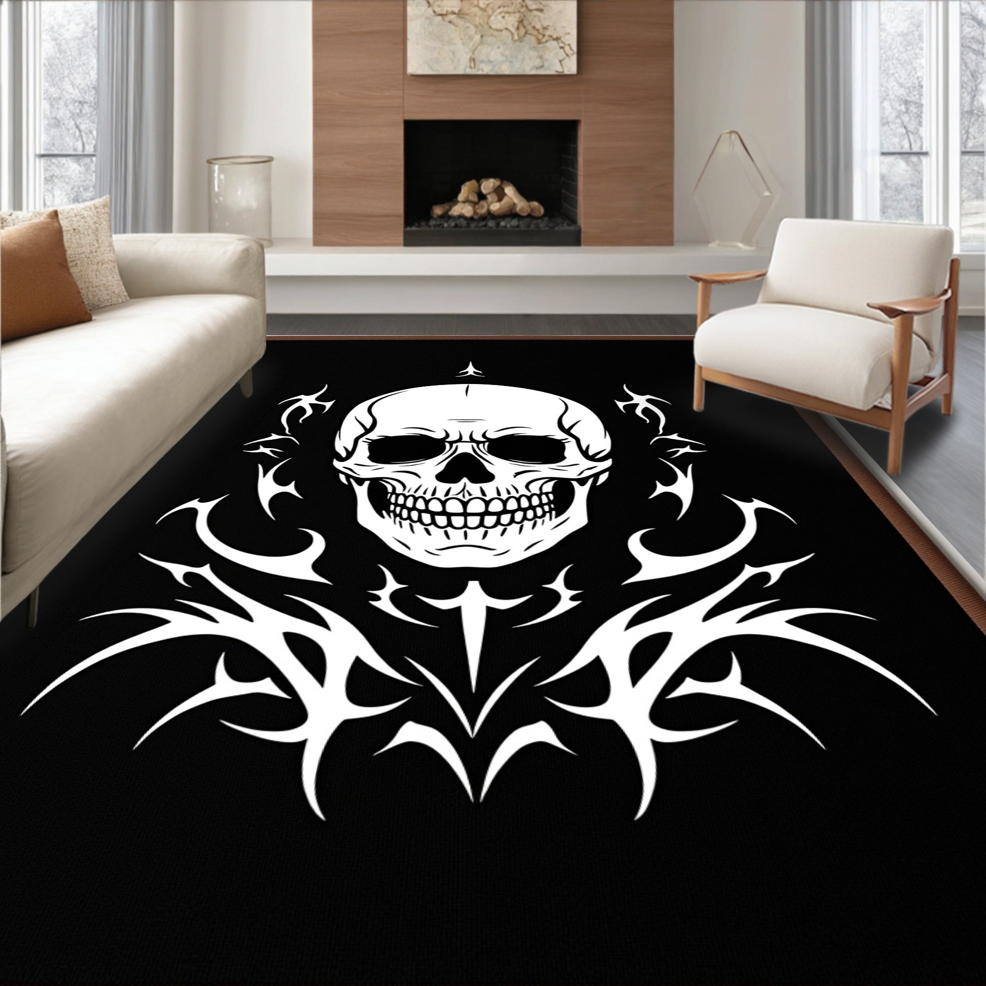 Black White Skull Tribal Burst Rug