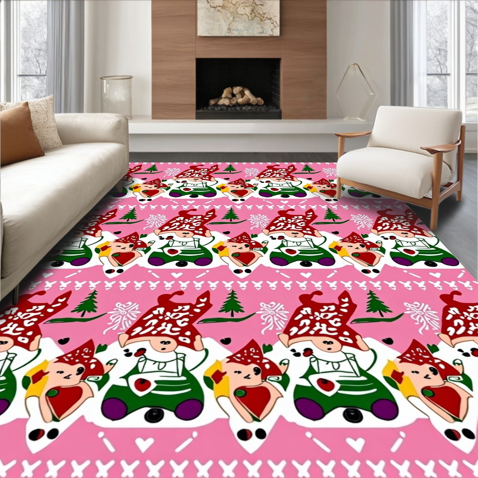Pink Gnome Fair Isle Folk Art Rug