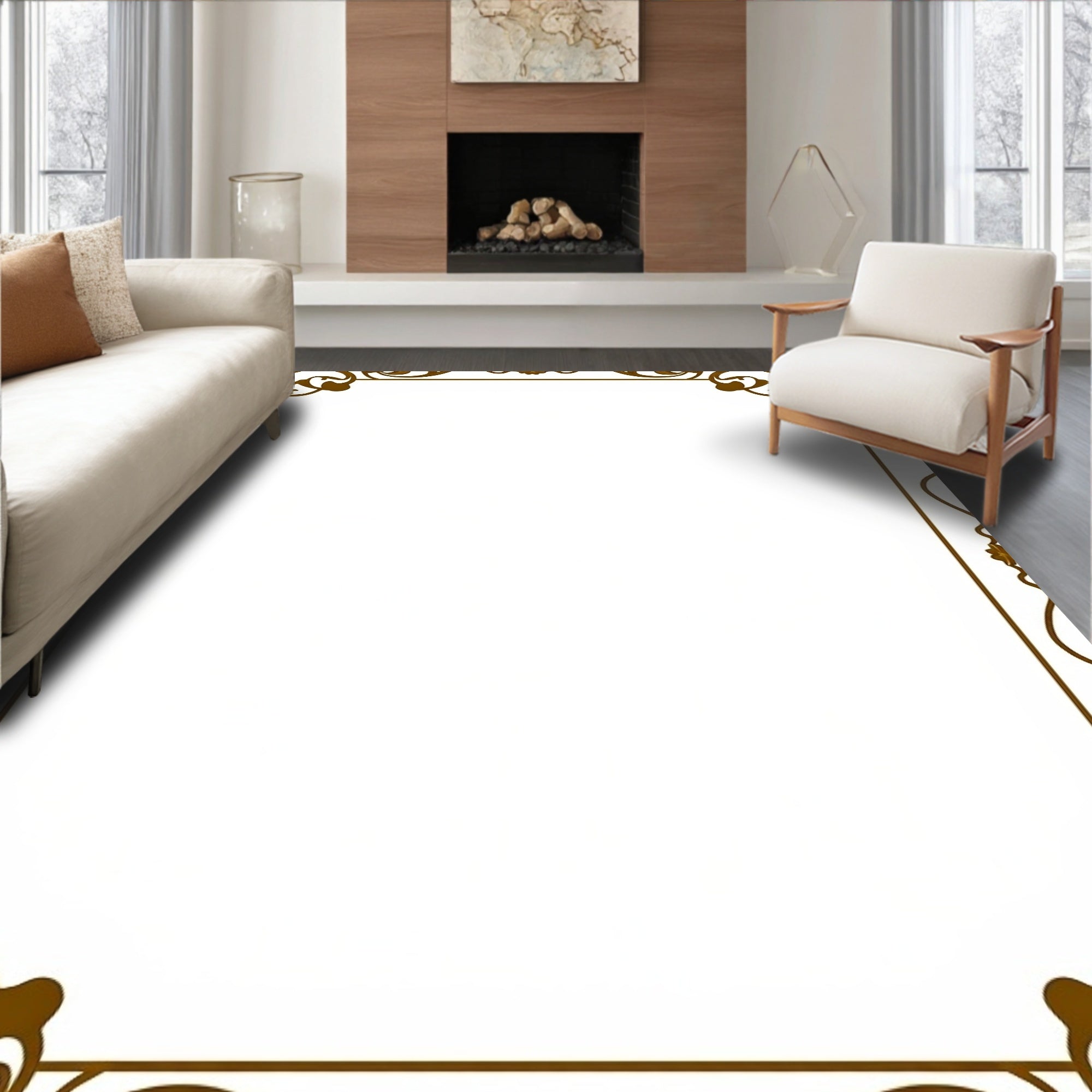 Ornate Gold Scrollwork Border Rug