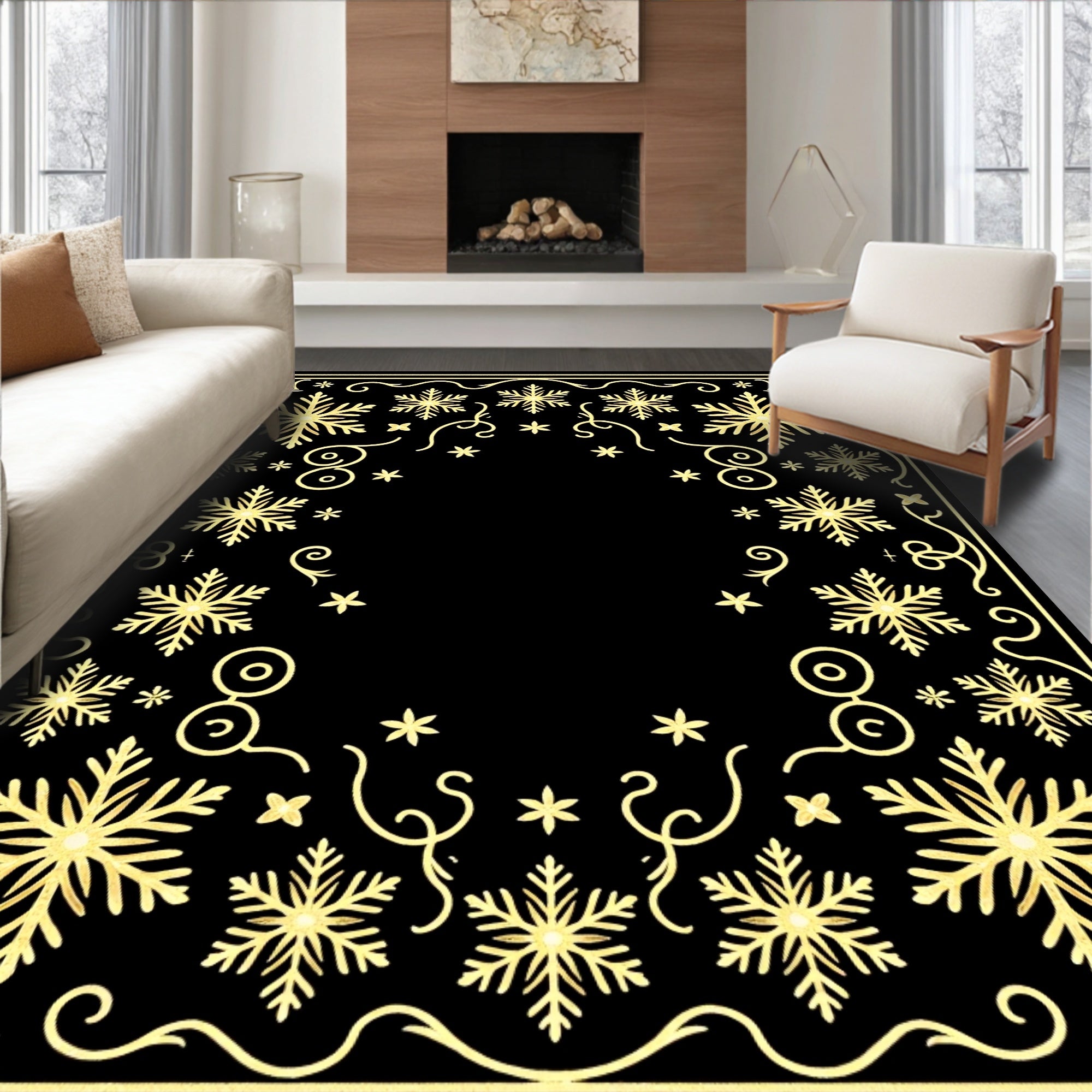 Elegant Gold Snowflake Border Rug