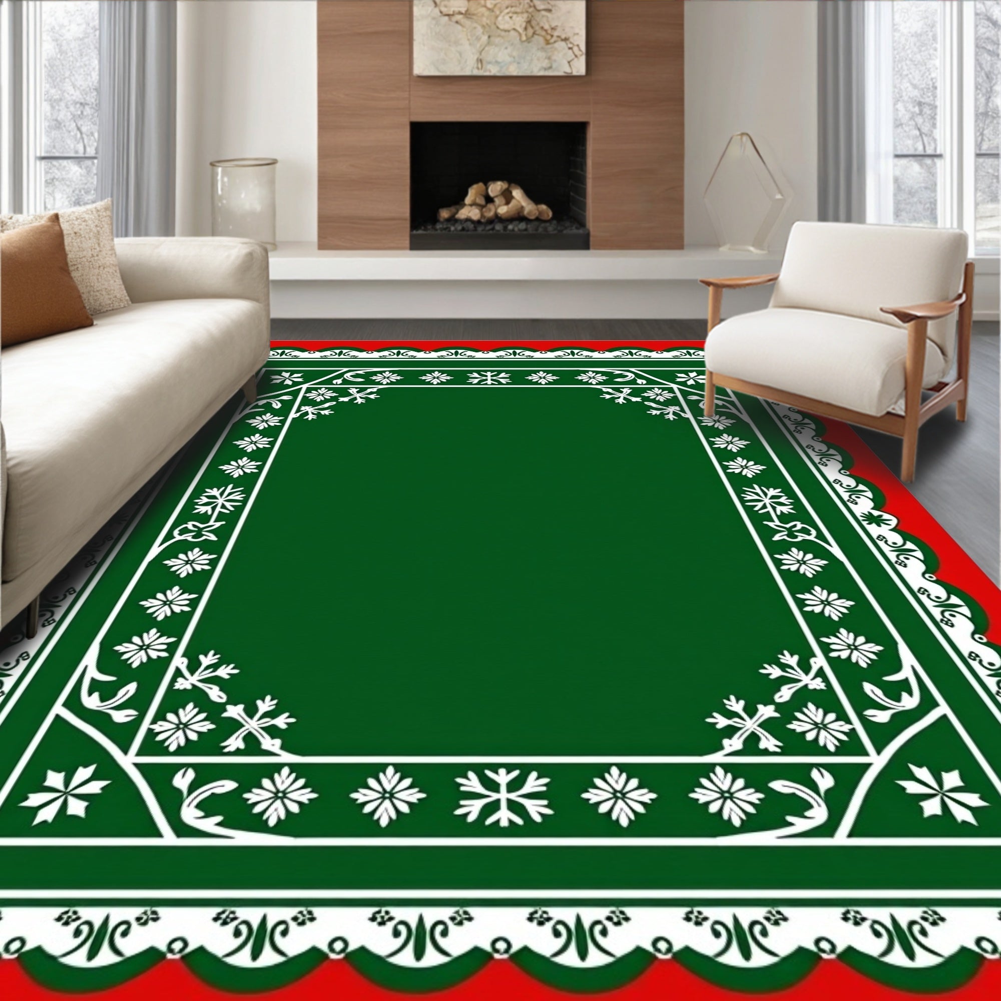Red Green White Floral Bordered Rug