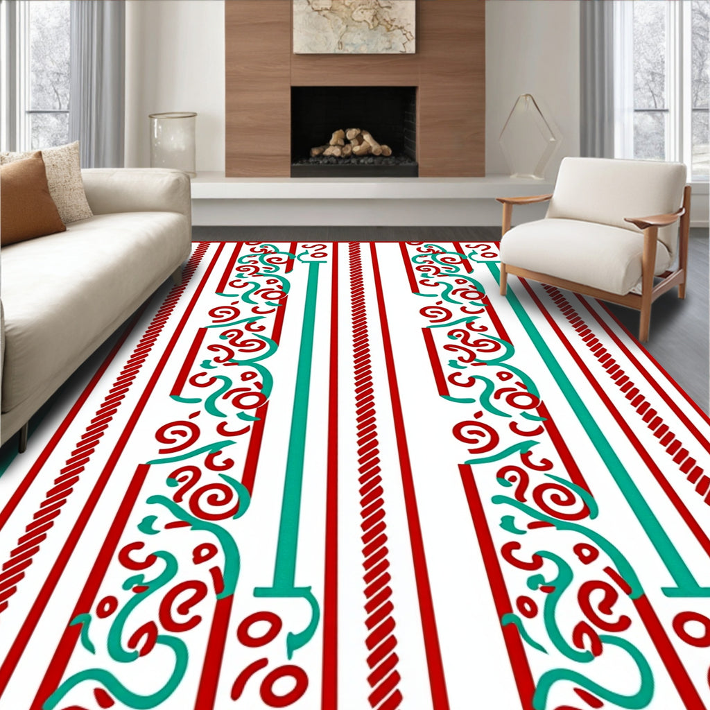 Red Teal Vertical Stripe Swirl Rug