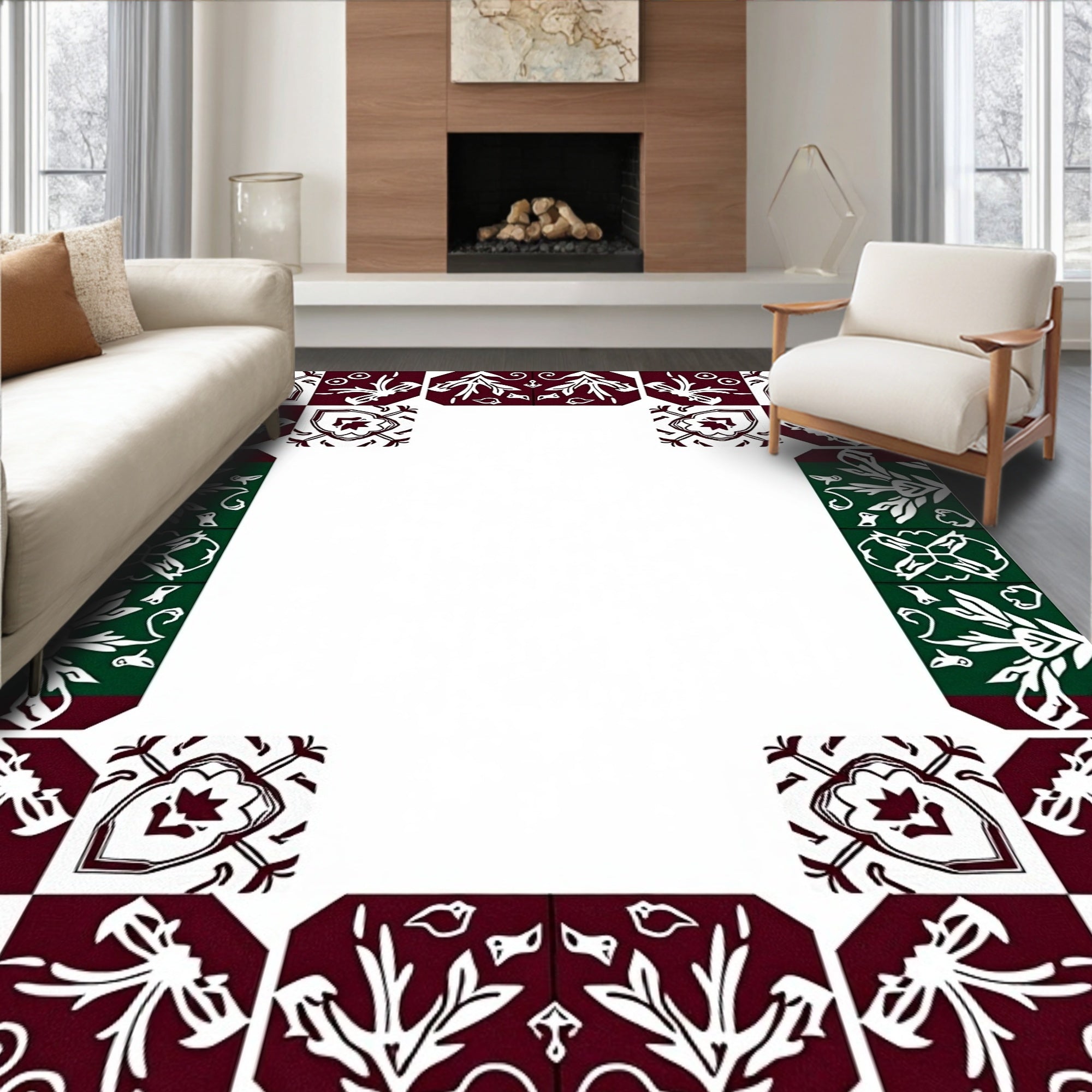 Maroon White Green Floral Tile Frame Rug