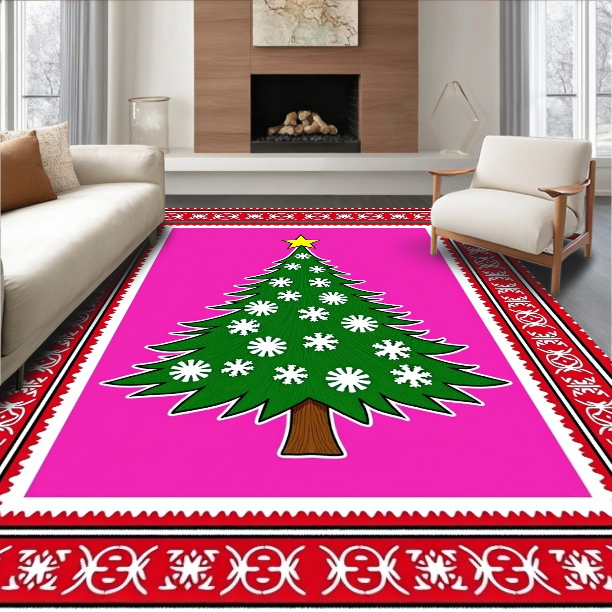 Festive Green Christmas Tree Pink Border Rug