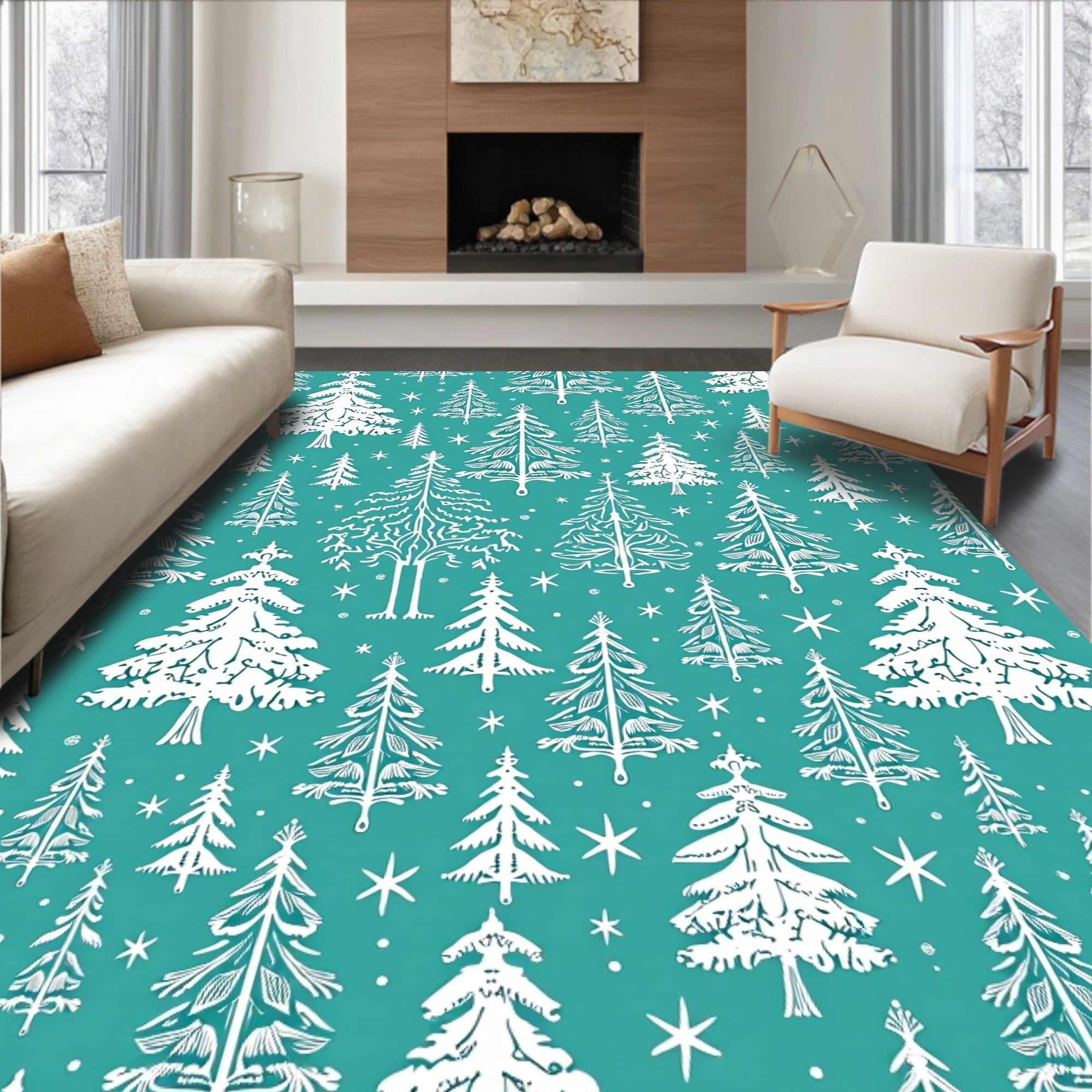 Aqua White Silhouette Evergreen Forest Rug