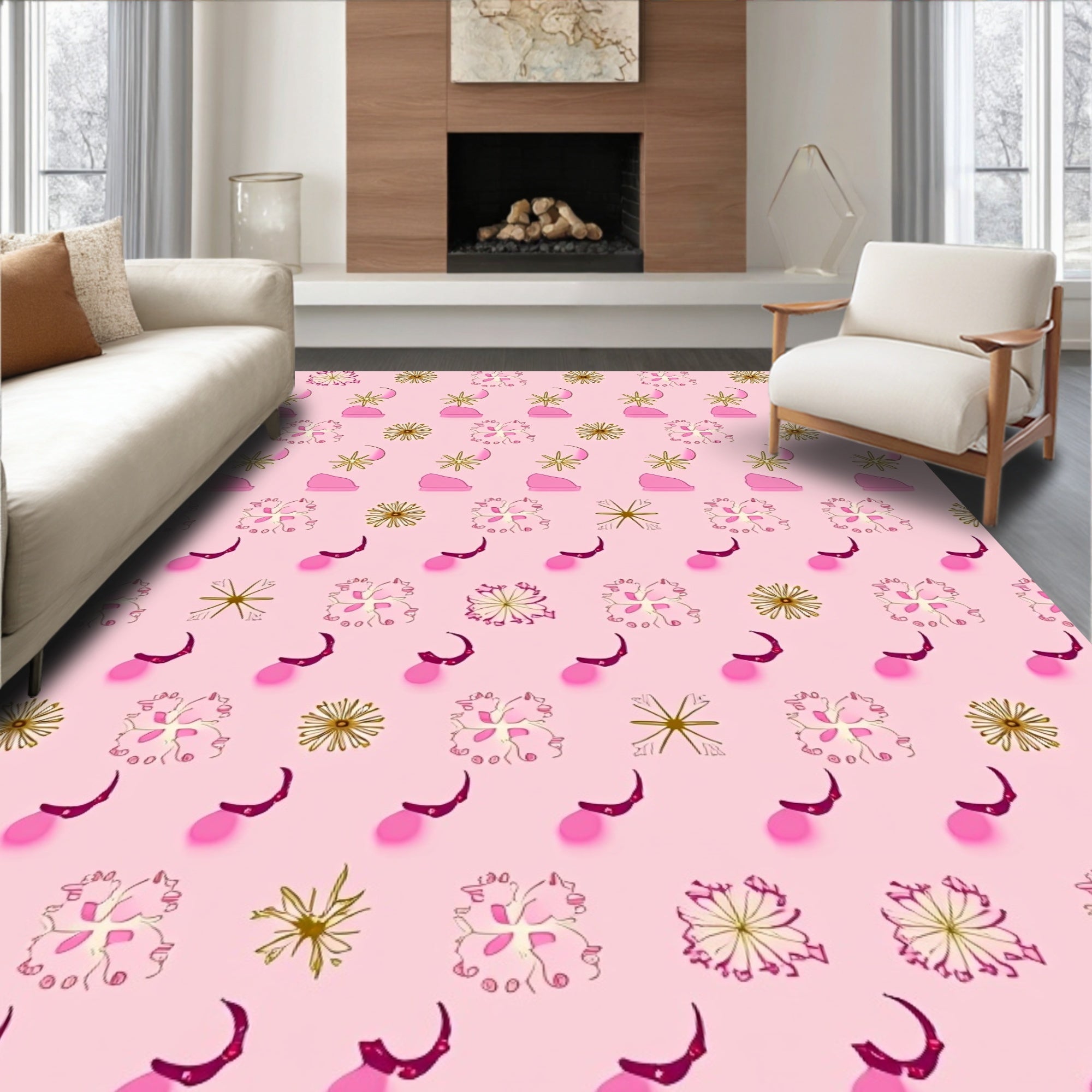 Pink Yellow Floral Abstract Round Rug