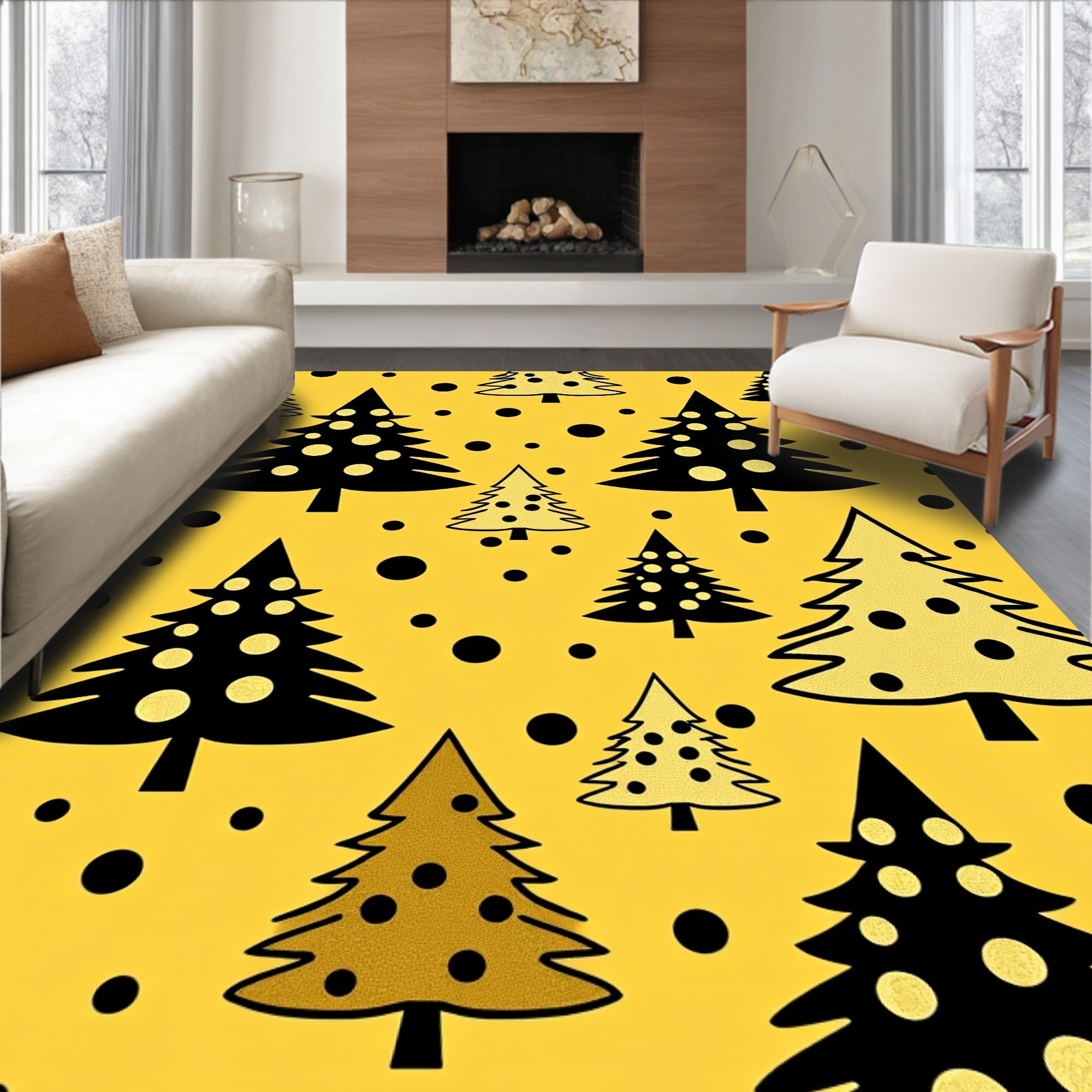 Golden Yellow Christmas Trees Scattered Circles Rug