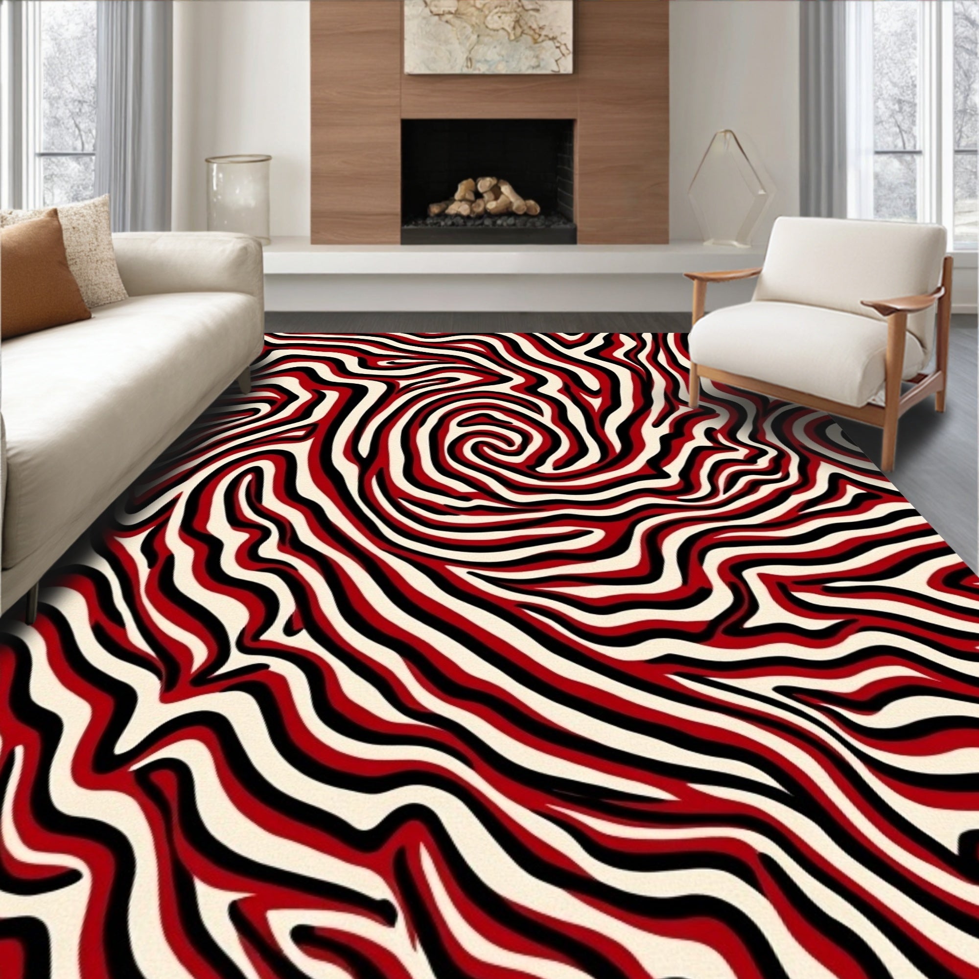 Bold Red Black Swirling Lines Rug