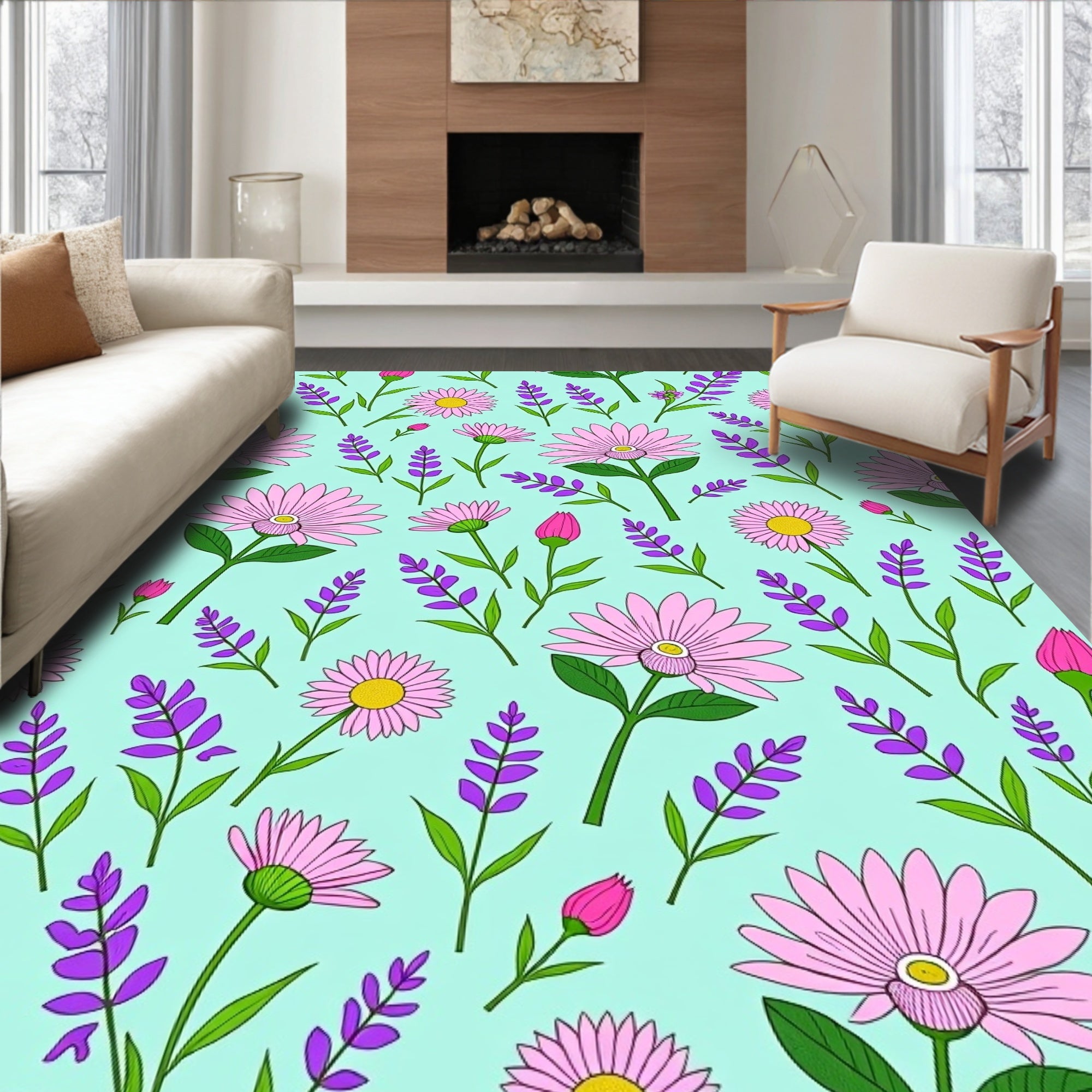 Pink Daisy Lavender Garden Whimsy Rug