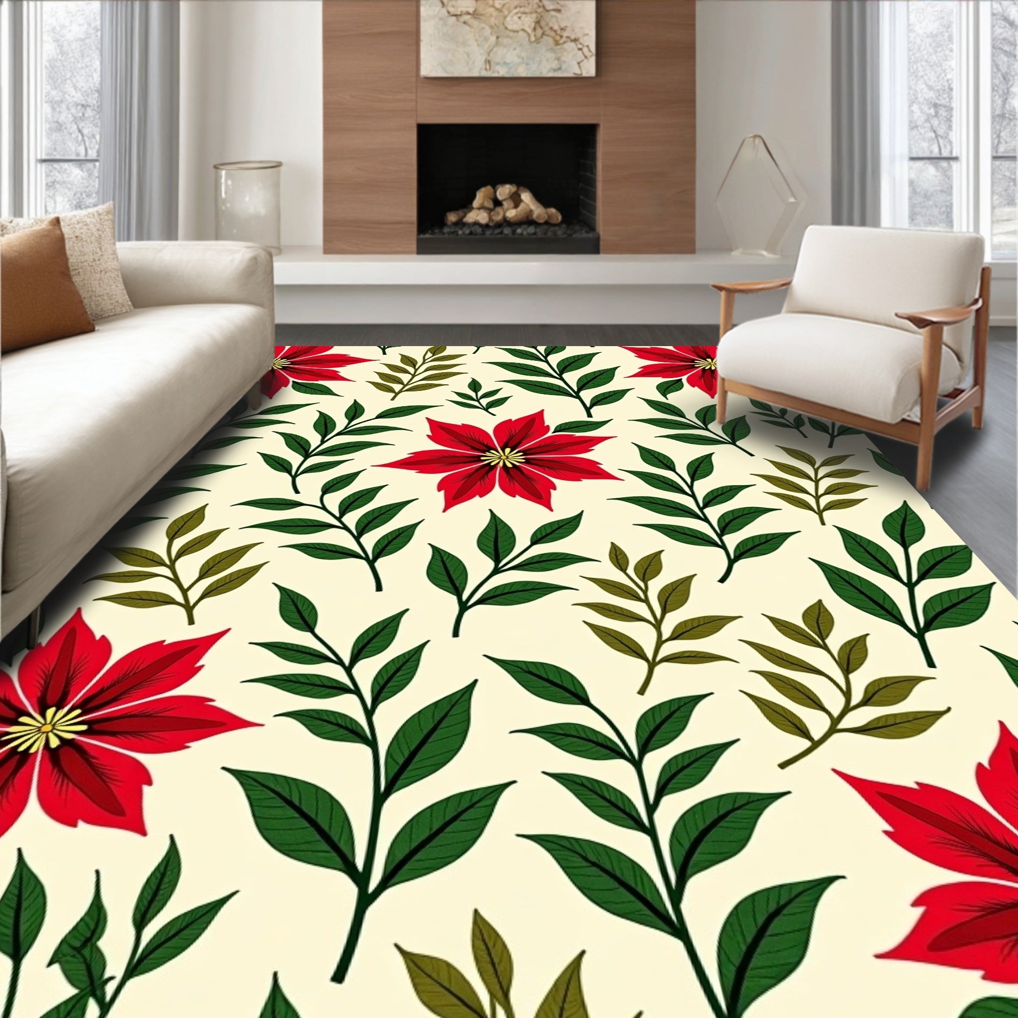Crimson Poinsettia Foliage Cream Rug