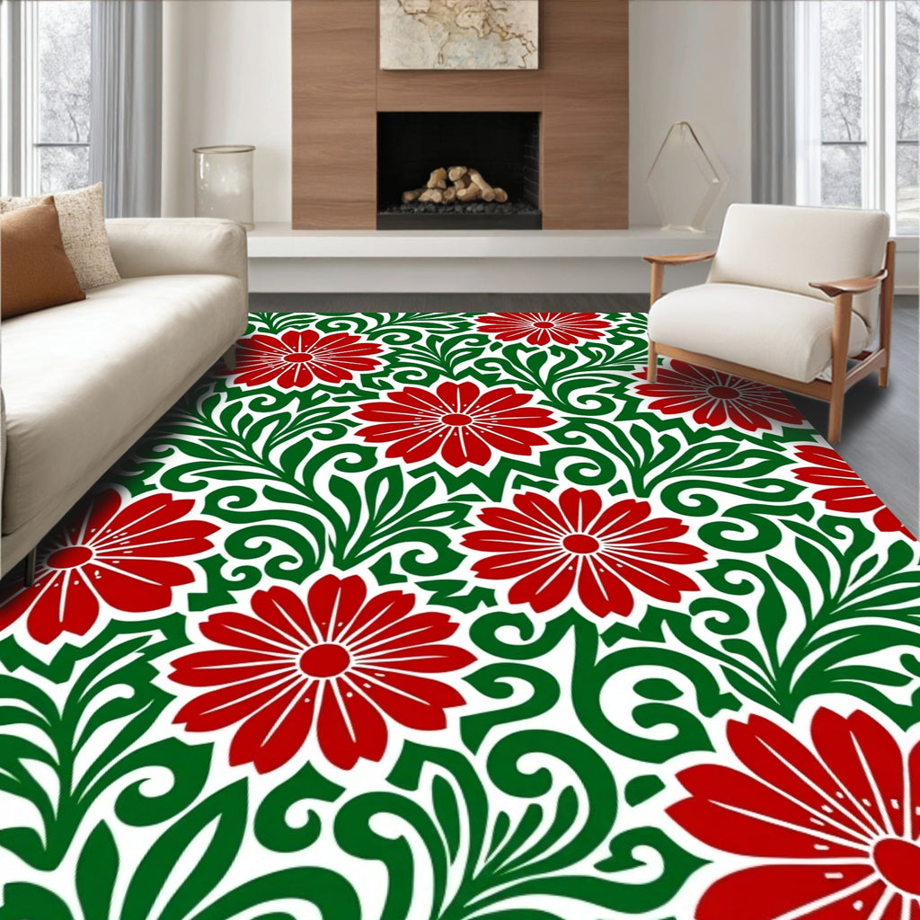 Red Daisy Floral Swirl Rug