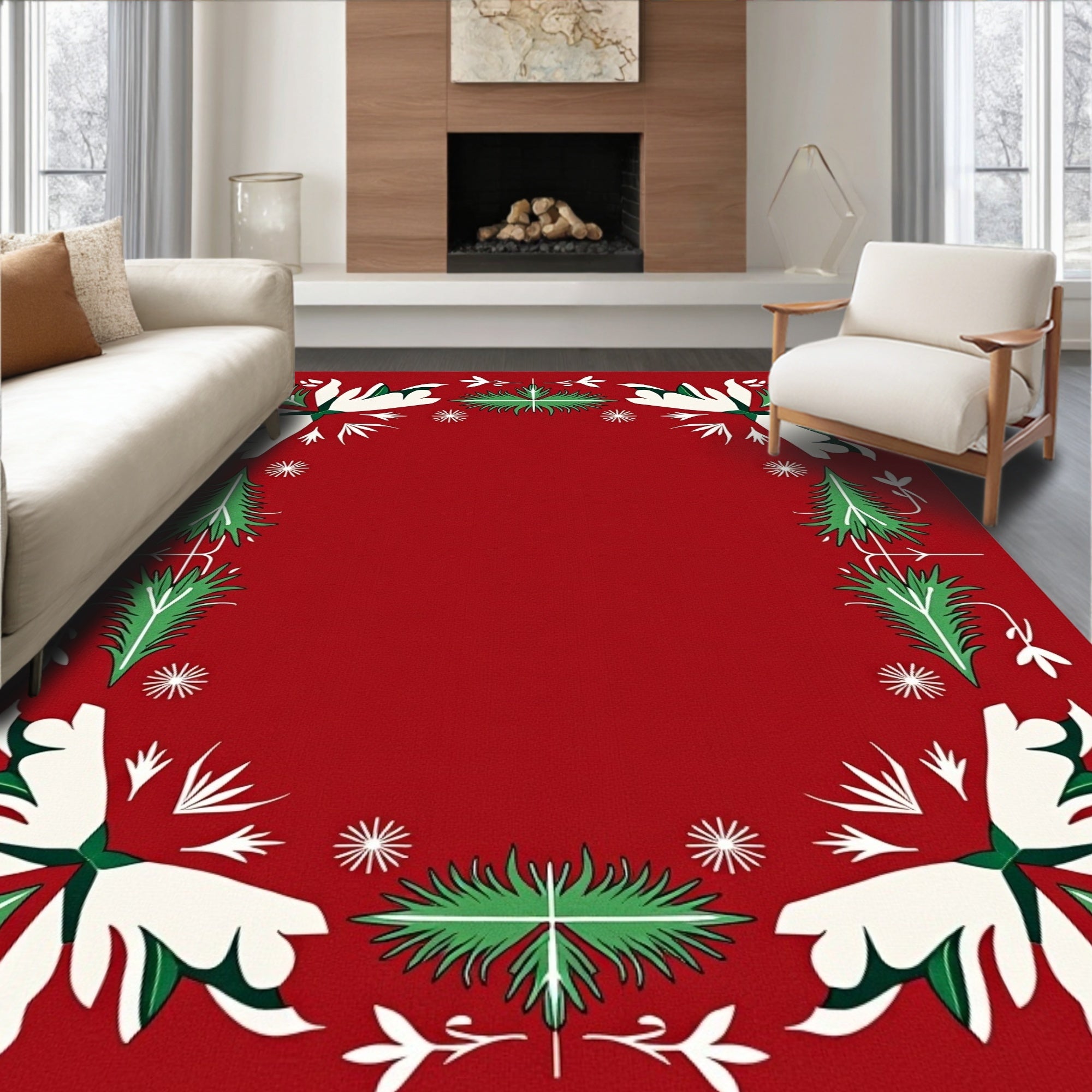 Crimson Green White Floral Evergreen Garland Rug