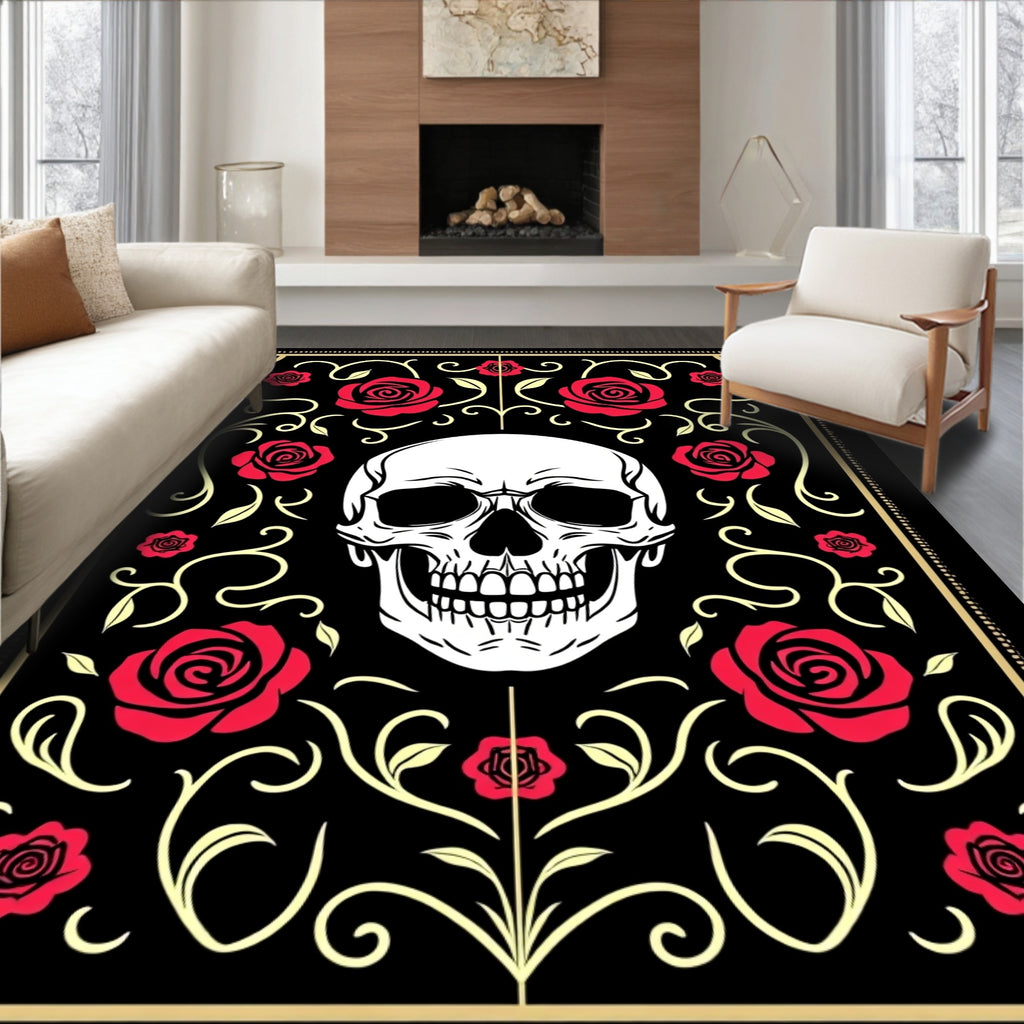 Gothic Skull Red Rose Floral Scroll Rug