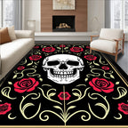 Gothic Skull Red Rose Floral Scroll Rug