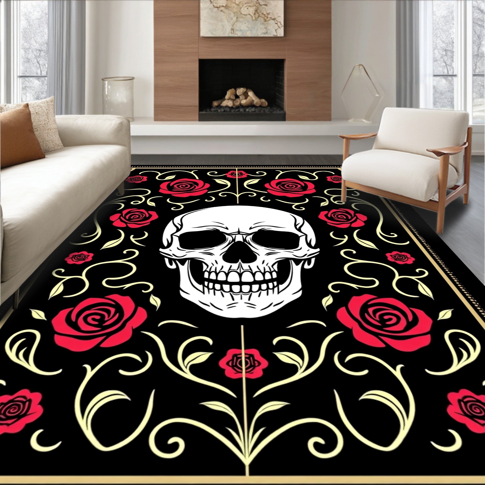 Gothic Skull Red Rose Floral Scroll Rug