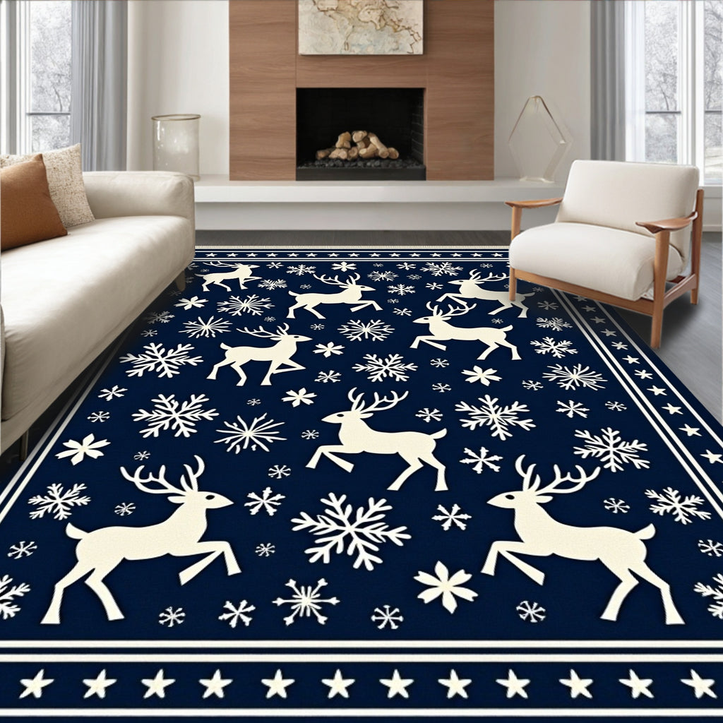 Reindeer Snowflake Border Navy Rug