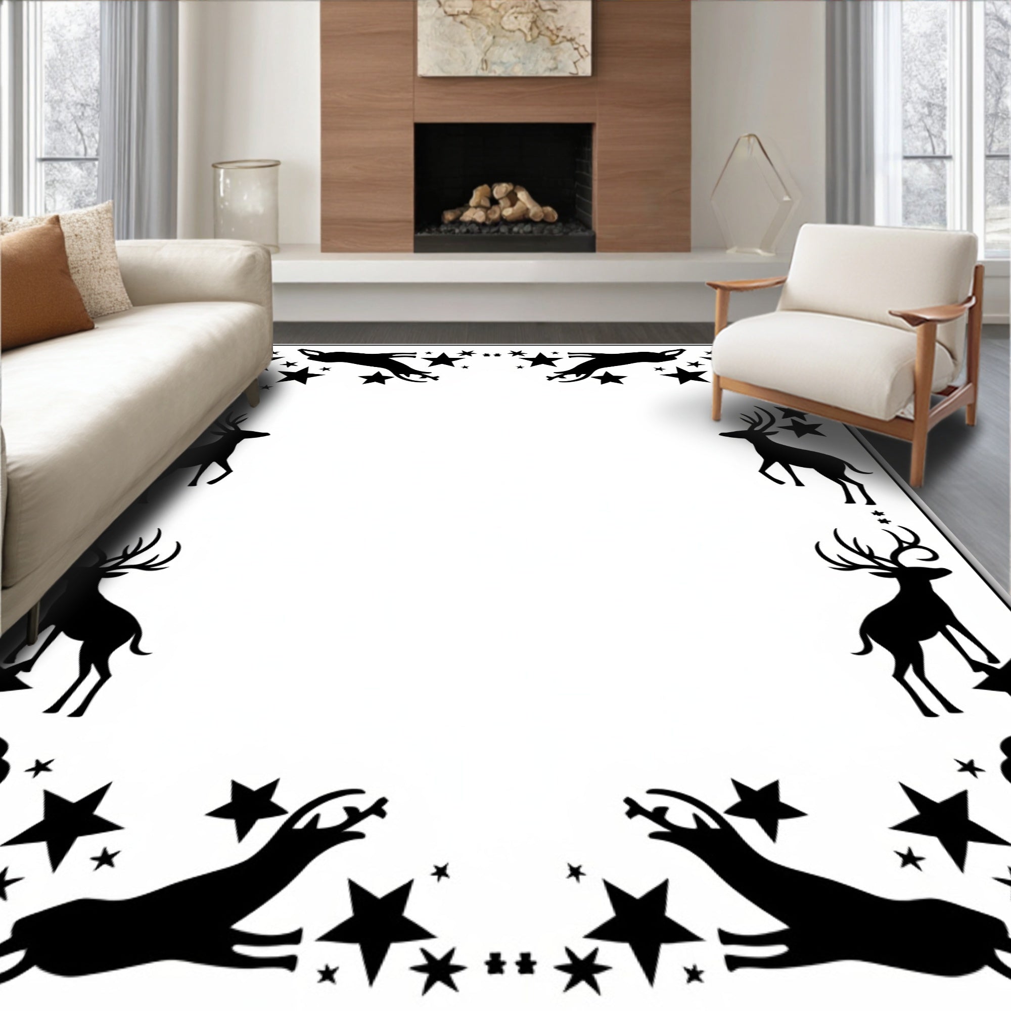 Black Deer and Star Border Rug