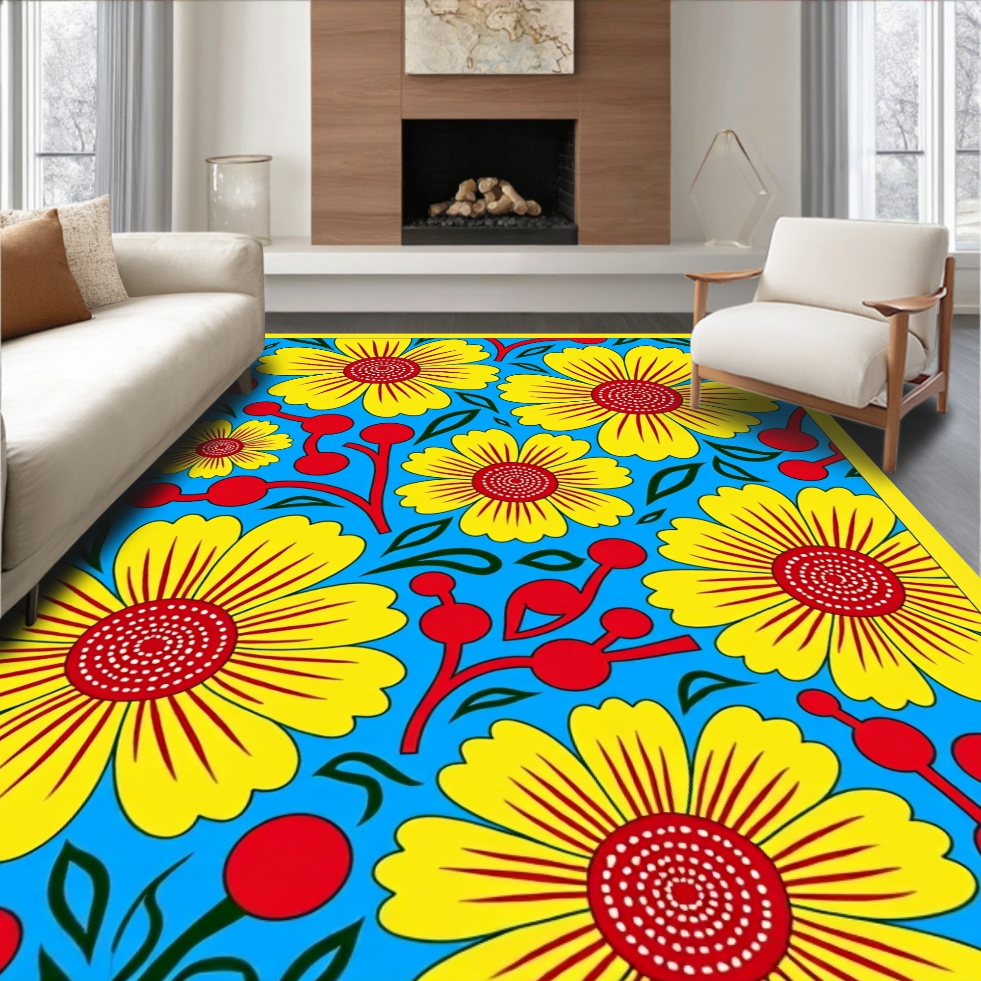 Vibrant Yellow Red Floral Burst Rug
