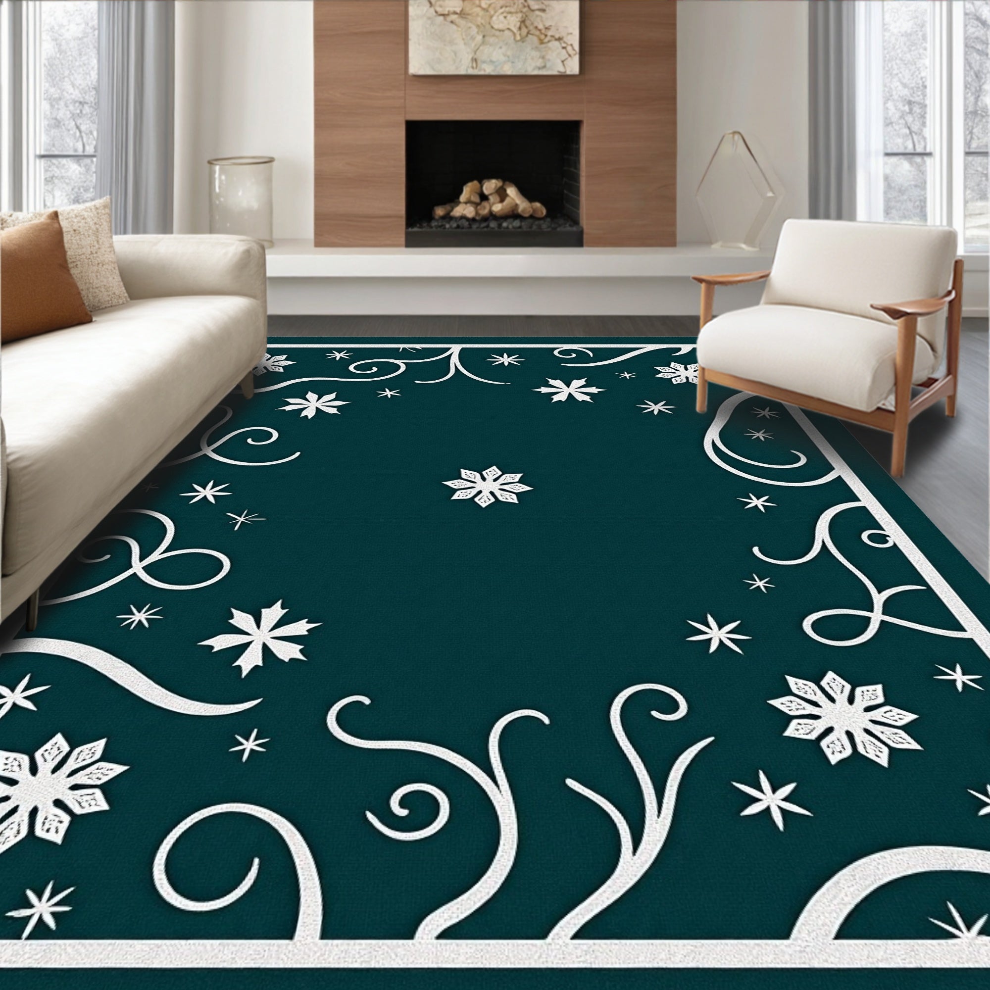 Teal Snowflake Swirl Border Rug