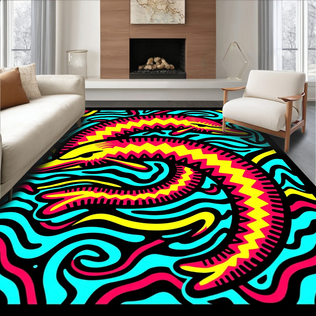 Vibrant Pink Yellow Dolphins Aqua Waves Rug