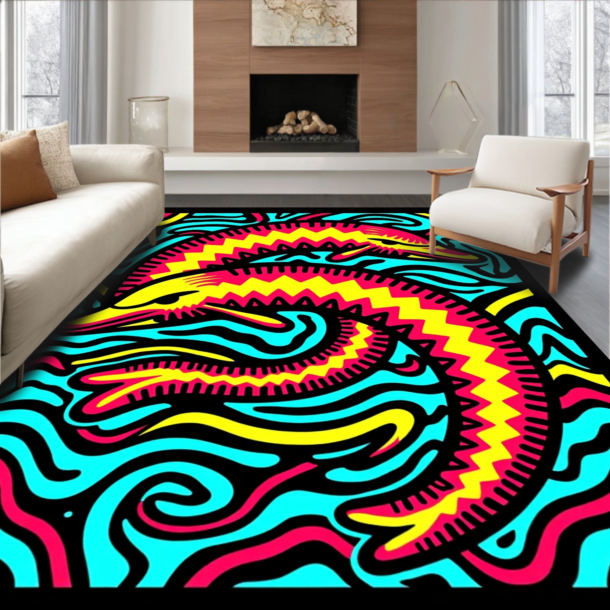 Vibrant Pink Yellow Dolphins Aqua Waves Rug