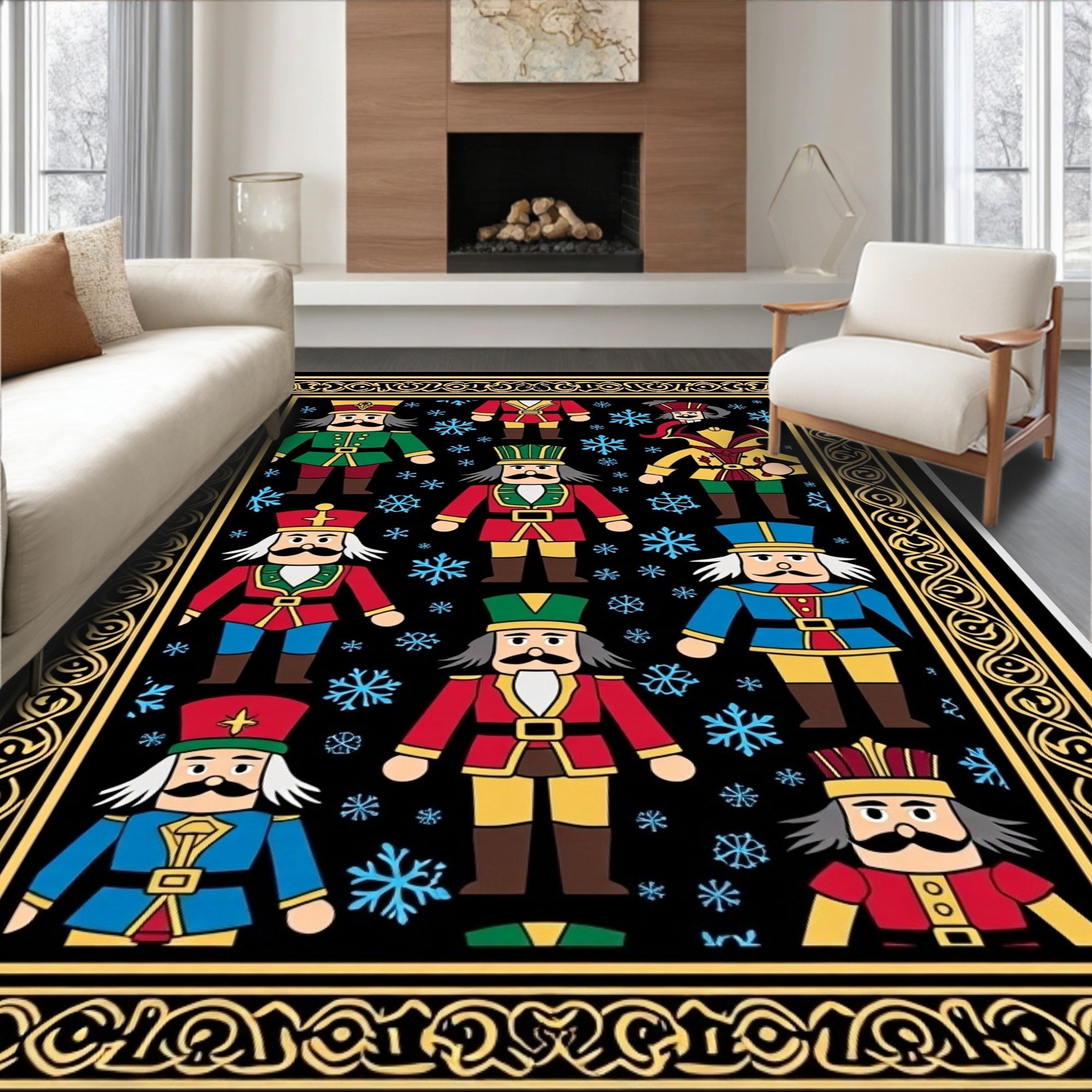 Festive Nutcracker Soldiers Snowflakes Border Rug