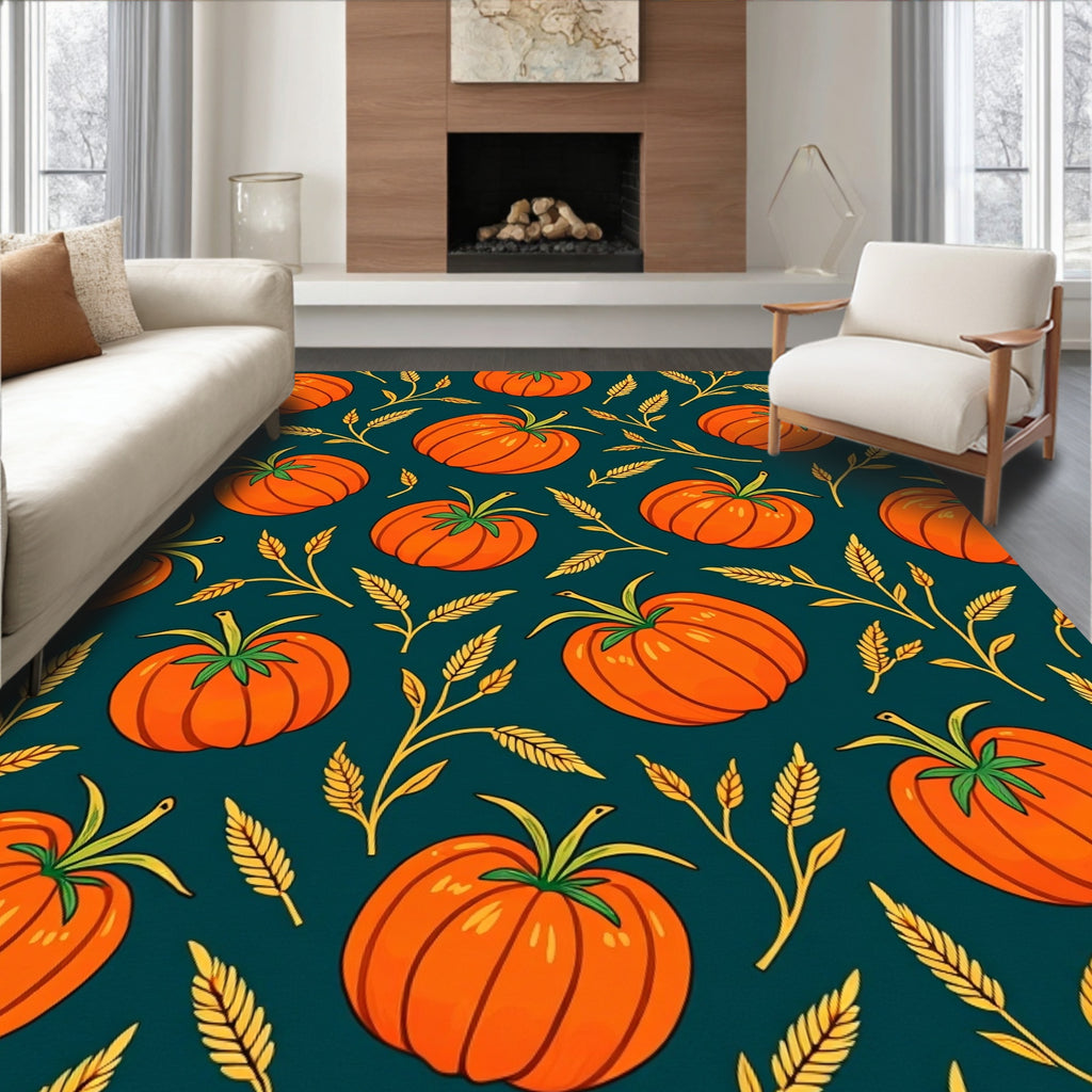 Orange Pumpkin Wheat Field Pattern Rug