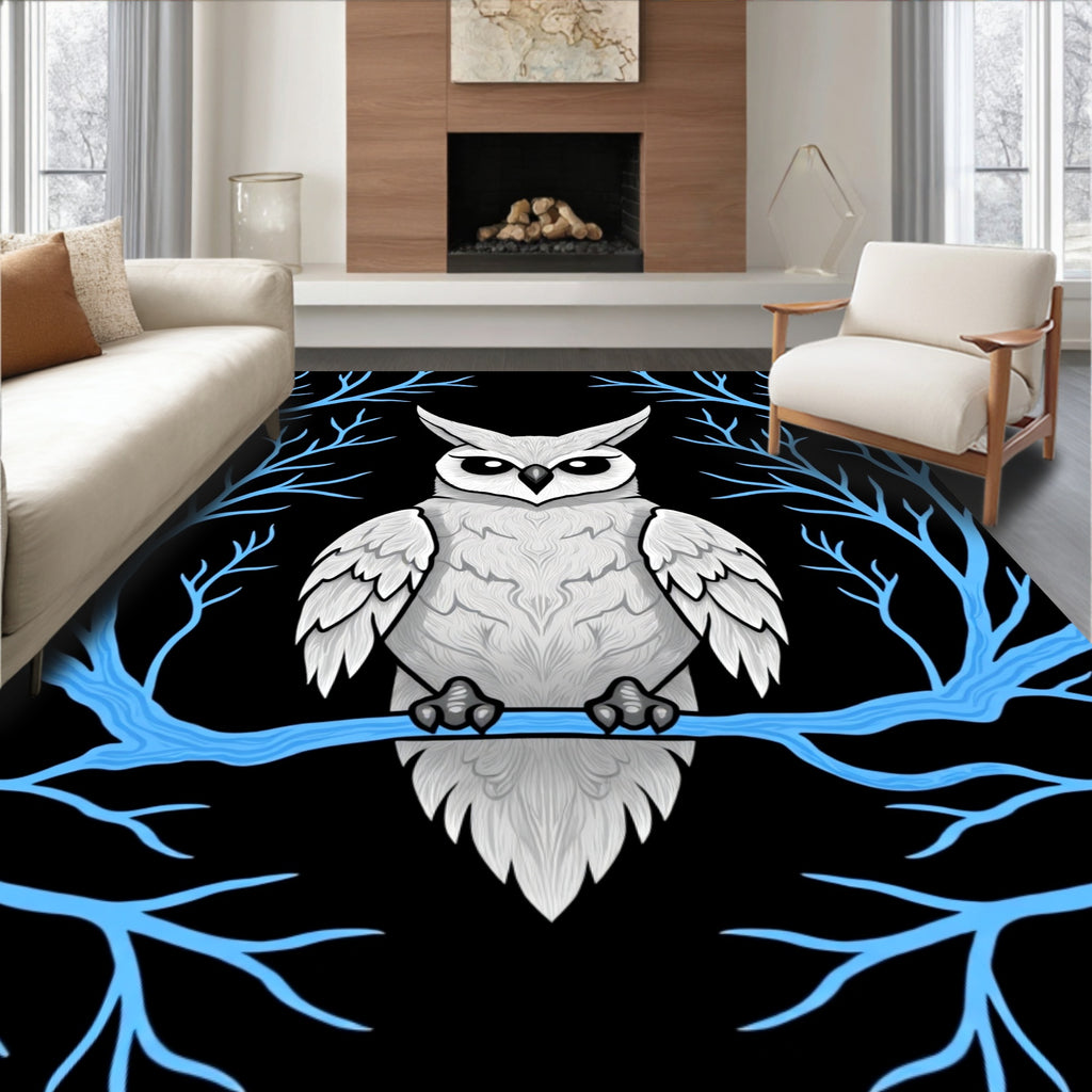 Wise White Owl on Blue Branch Rug