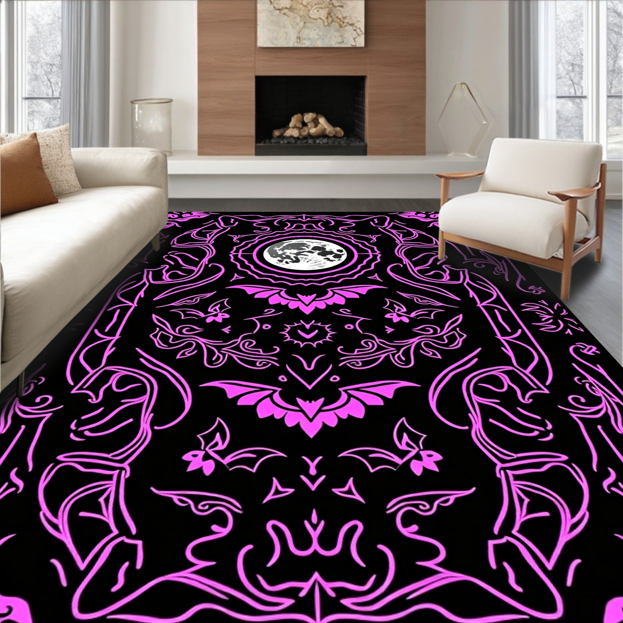 Vibrant Pink Lunar Bat Mandala Rug