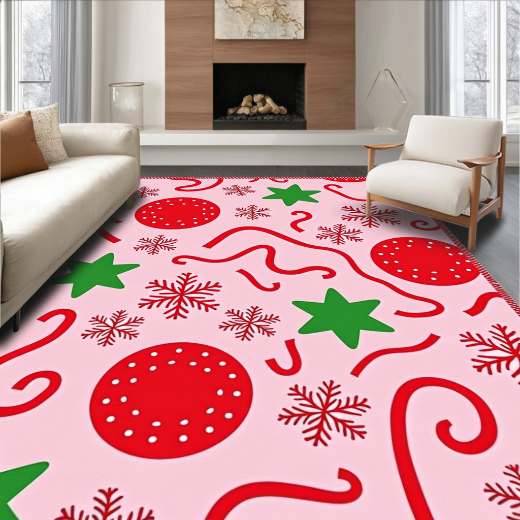Whimsical Pink Christmas Star Snowflakes Rug
