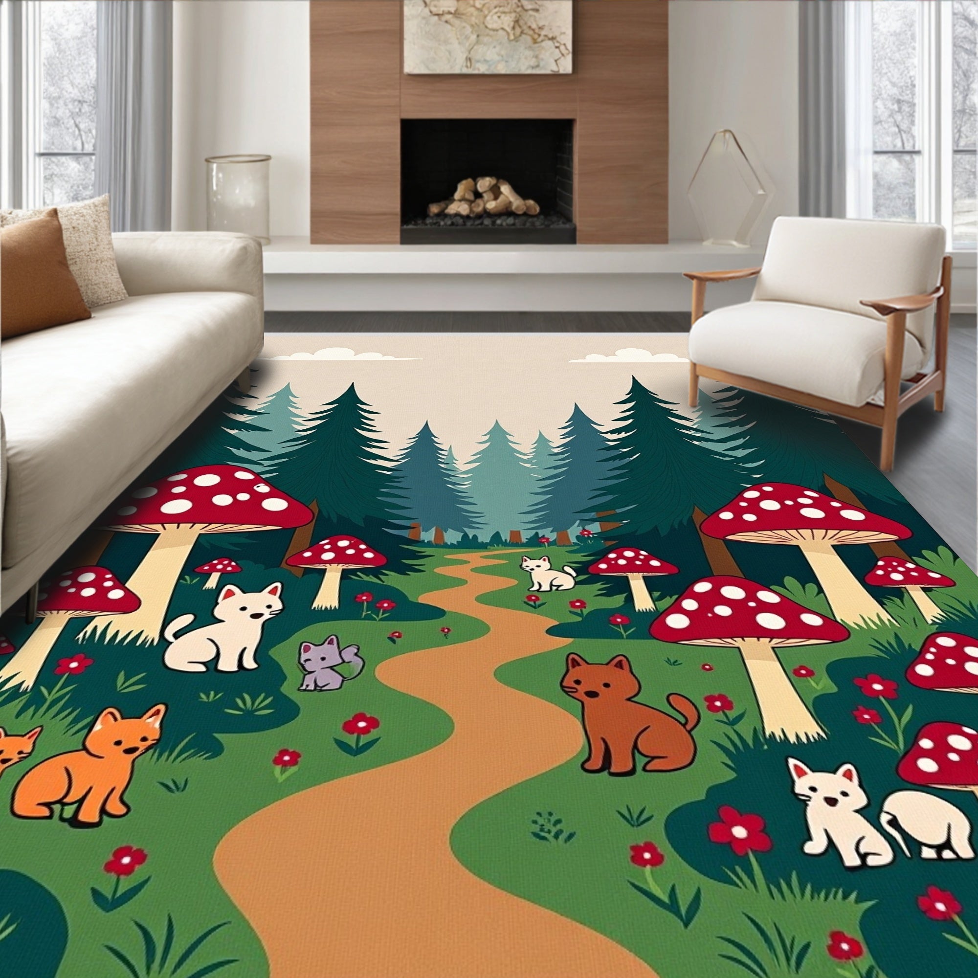 Enchanted Forest Mushroom Woodland Animals Rug