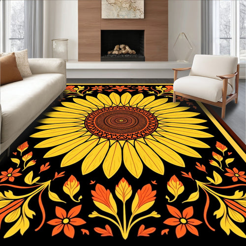 Black Yellow Orange Sunflower Floral Mandala Rug