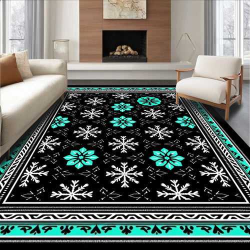 Black Snowflake Teal Floral Geometric Border Rug