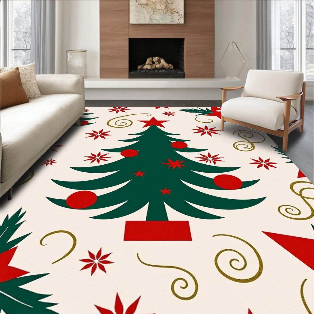 Festive Christmas Tree Red Poinsettia Rug