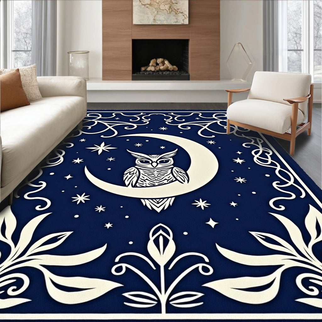 Midnight Blue Owl Moon Stars Rug