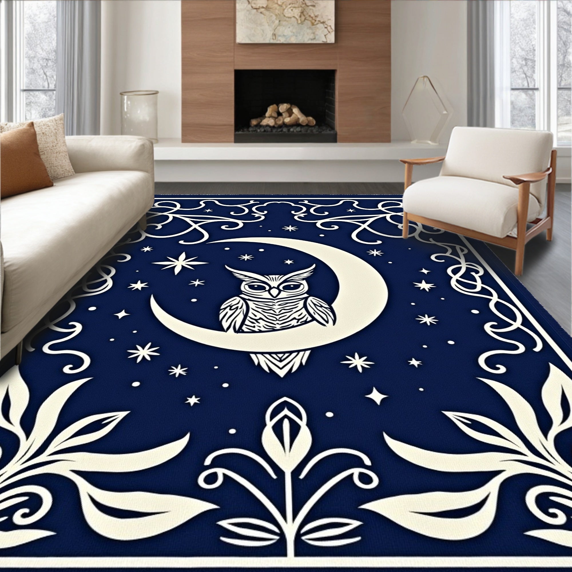 Midnight Blue Owl Moon Stars Rug