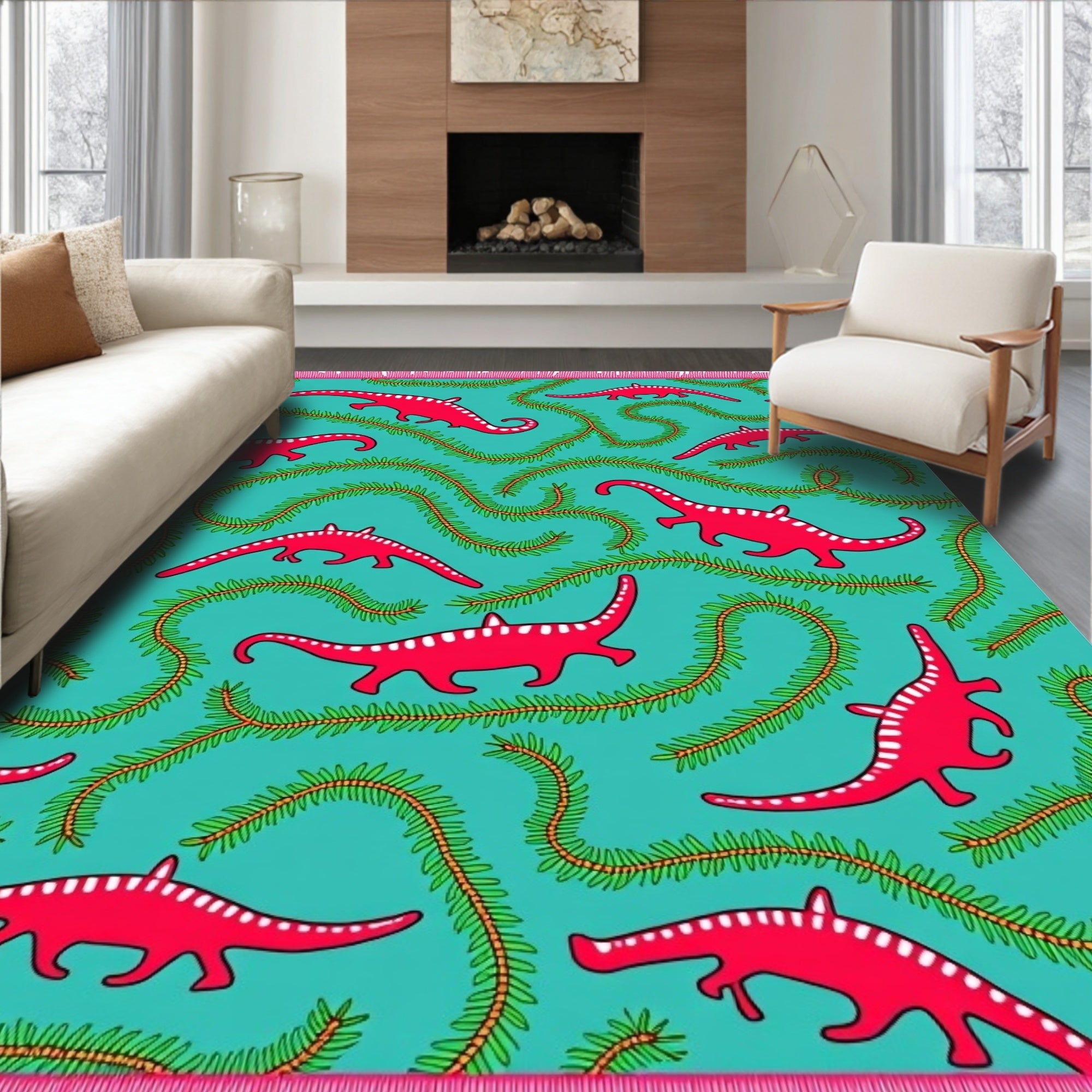 Red Dinosaurs With Green Vines Rug