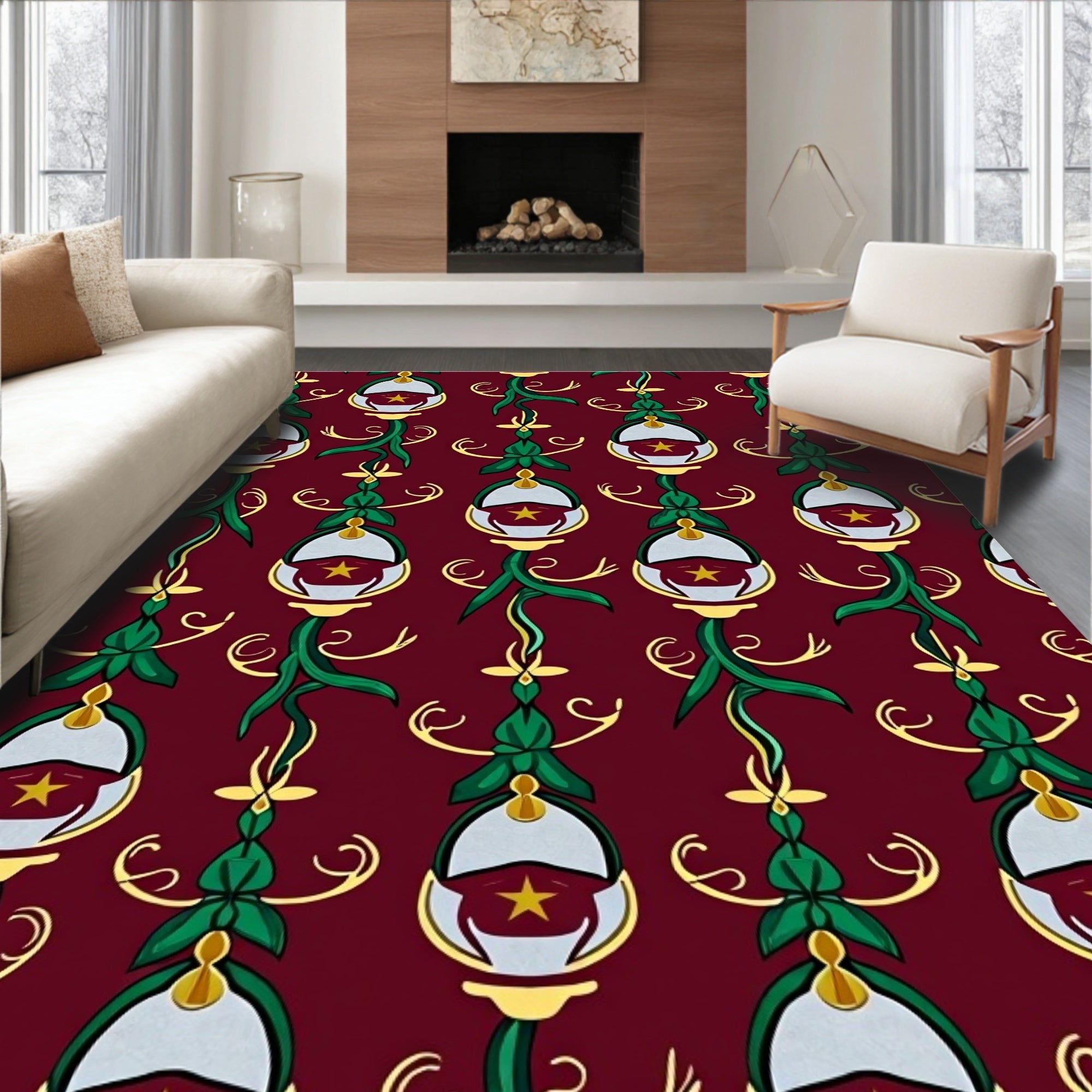 Crimson Emerald Star Lantern Floral Rug